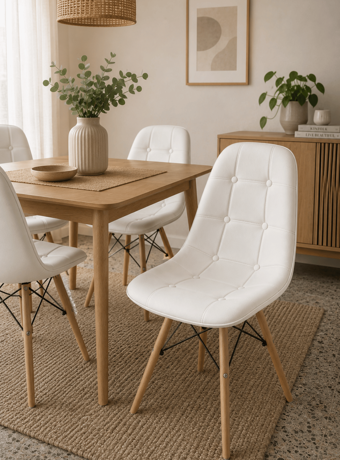 Pack 6 Sillas de Comedor Nórdica Capitone Ecocuero Acolchada con Patas de Madera-1