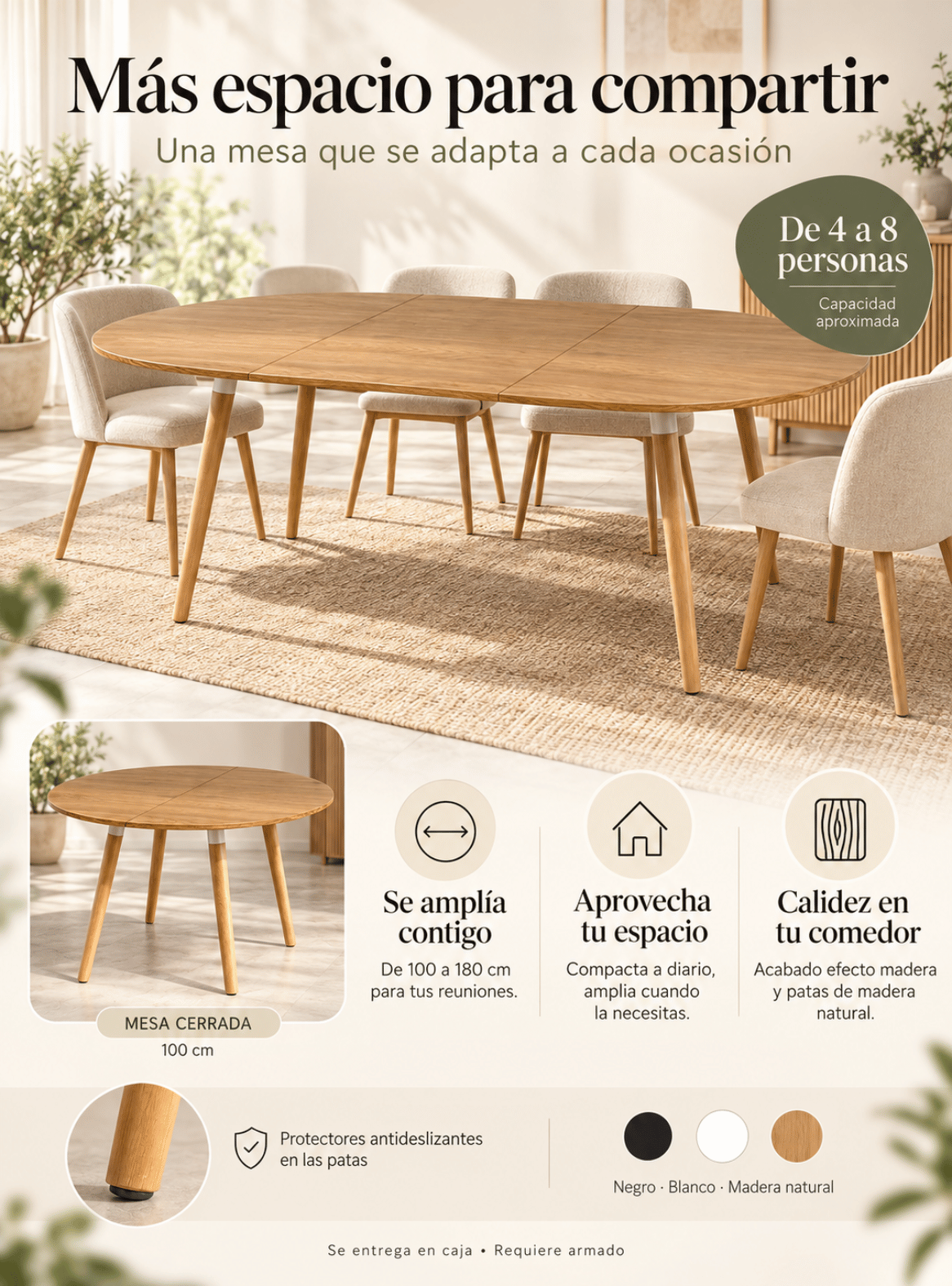 Mesa de Comedor Extensible 100 a 180 cm para 4 a 8 Personas con Patas de Madera-2