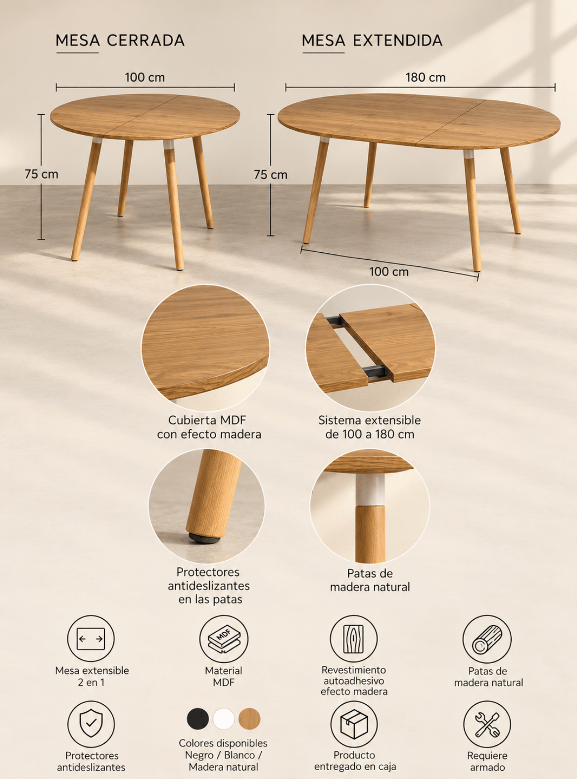 Mesa de Comedor Extensible 100 a 180 cm para 4 a 8 Personas con Patas de Madera-3