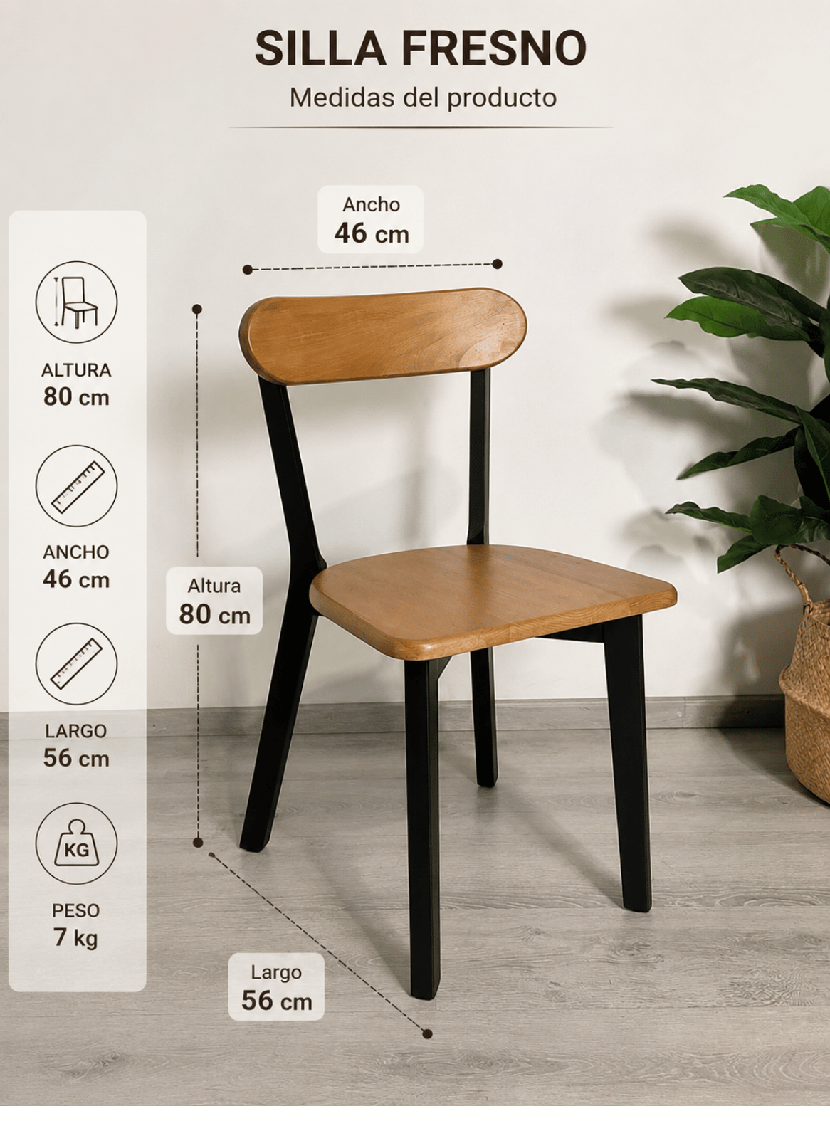 Silla de Comedor Nórdica de Madera Natural Maciza Fresno para Comedor, Living y Cafeteria-3
