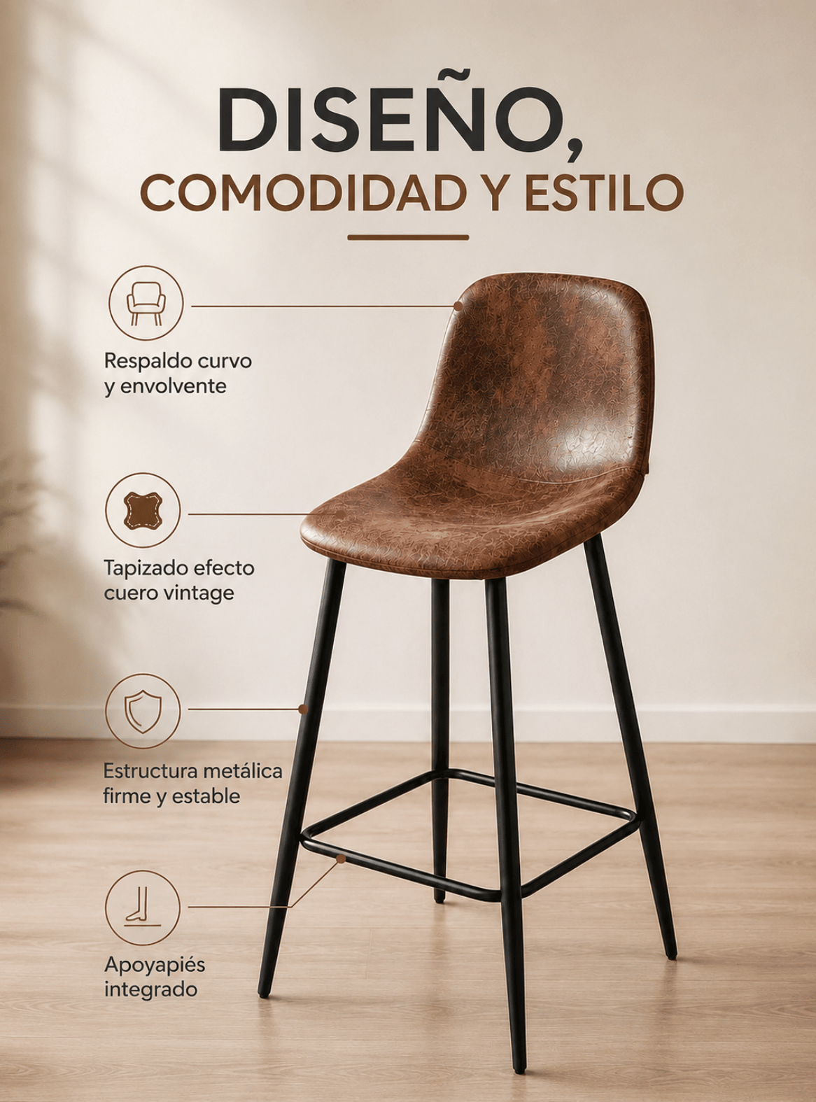 Pack 4 Taburete Alto Bar con Respaldo Ecocuero Cafe Patas Metalicas 64cm Negras Paris Vintage-2