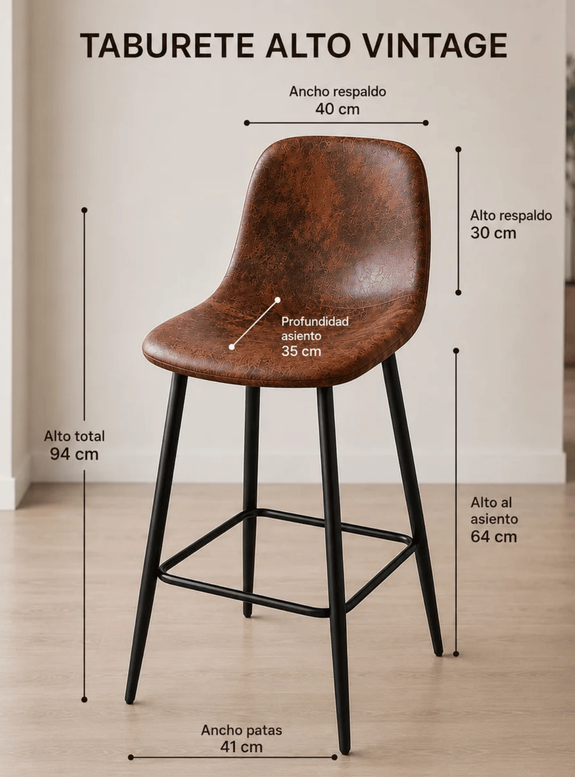 Pack 4 Taburete Alto Bar con Respaldo Ecocuero Cafe Patas Metalicas 64cm Negras Paris Vintage-3