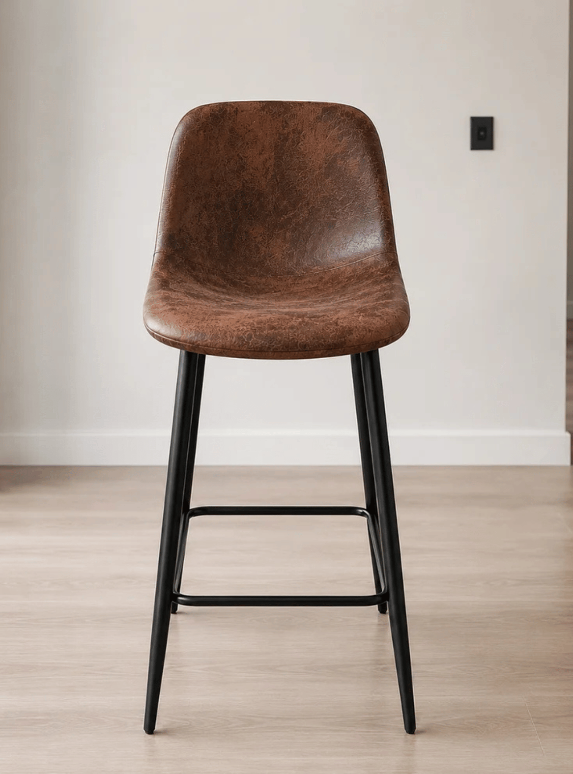 Pack 4 Taburete Alto Bar con Respaldo Ecocuero Cafe Patas Metalicas 64cm Negras Paris Vintage-4