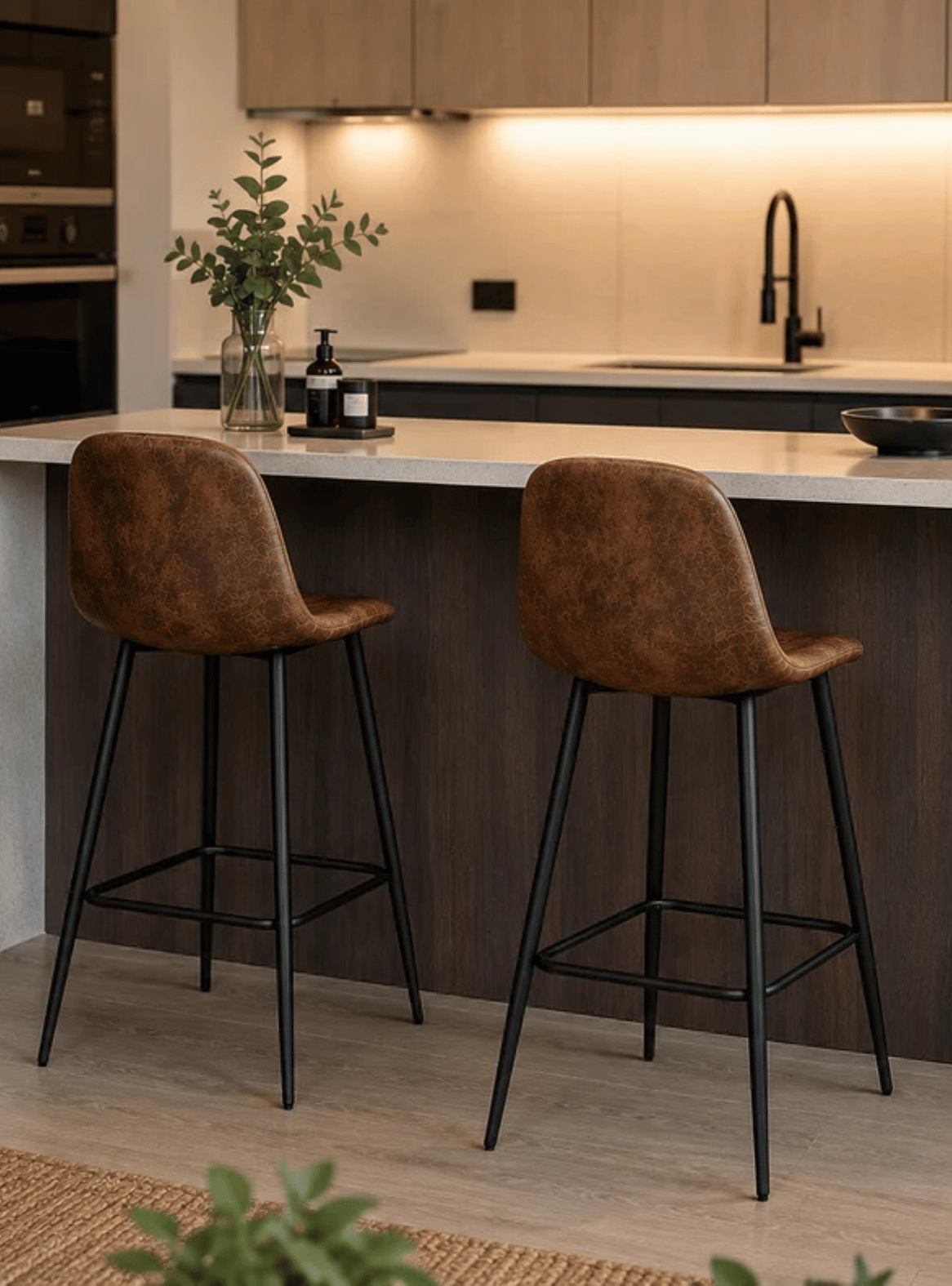 Pack 4 Taburete Alto Bar con Respaldo Ecocuero Cafe Patas Metalicas 64cm Negras Paris Vintage-5