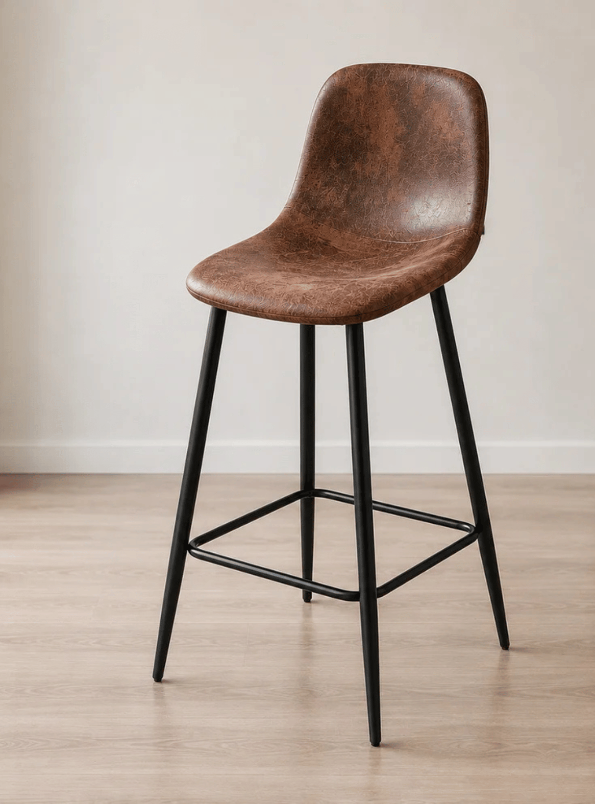 Pack 4 Taburete Alto Bar con Respaldo Ecocuero Cafe Patas Metalicas 64cm Negras Paris Vintage-6