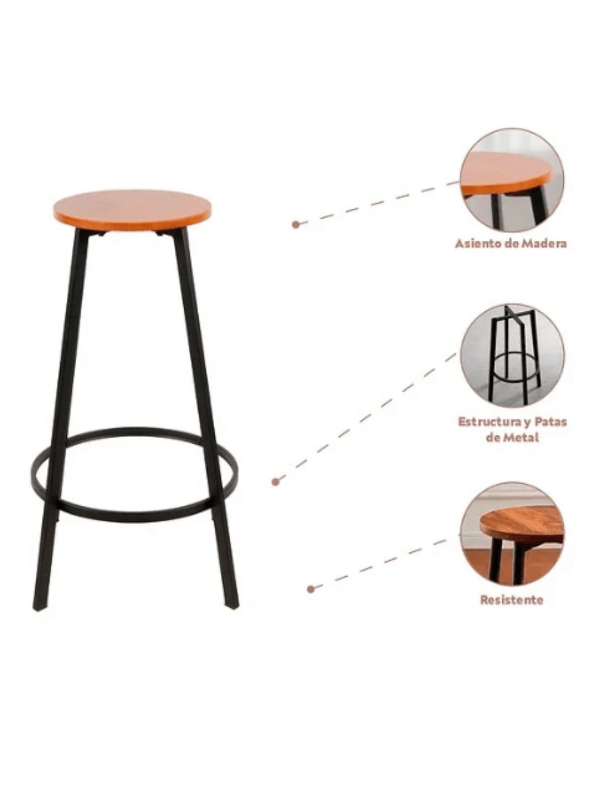 Taburete de Bar Industrial 75 cm Madera y Metal Piso Alto para Barra Cocina y Quincho Elipse-6