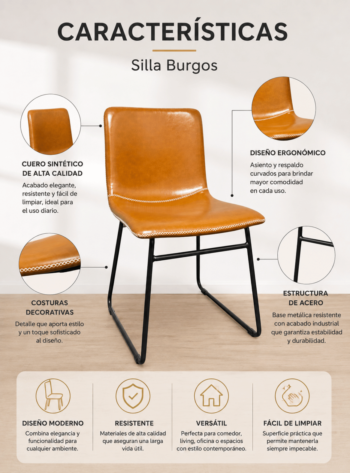 Silla de Comedor Ergonomica Ecocuero Cafe con patas de Acero para Living y Oficina Burgos-9