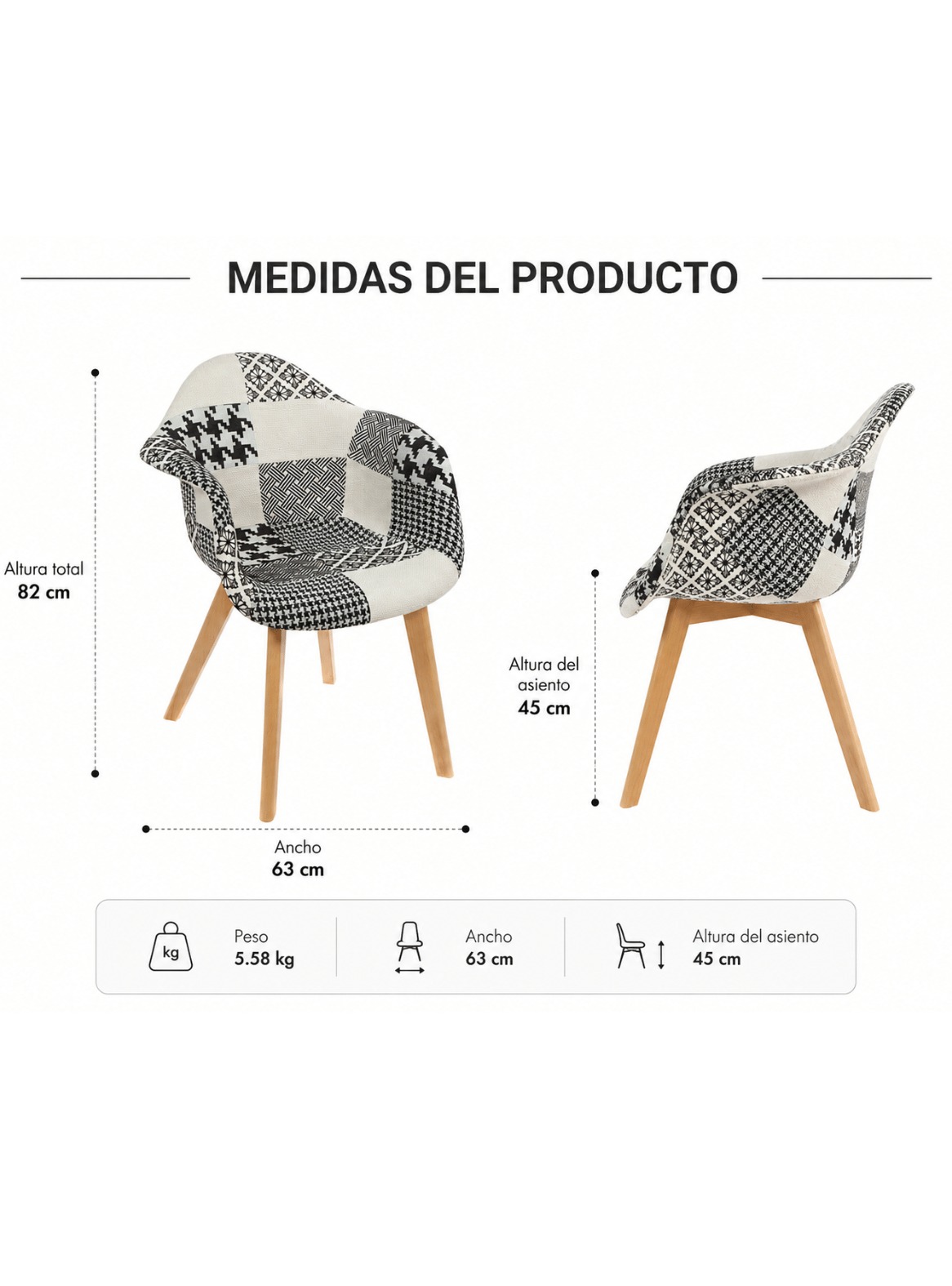 Butaca Acolchada para Escritorio y Oficina Patas de Madera - Patchwork -2