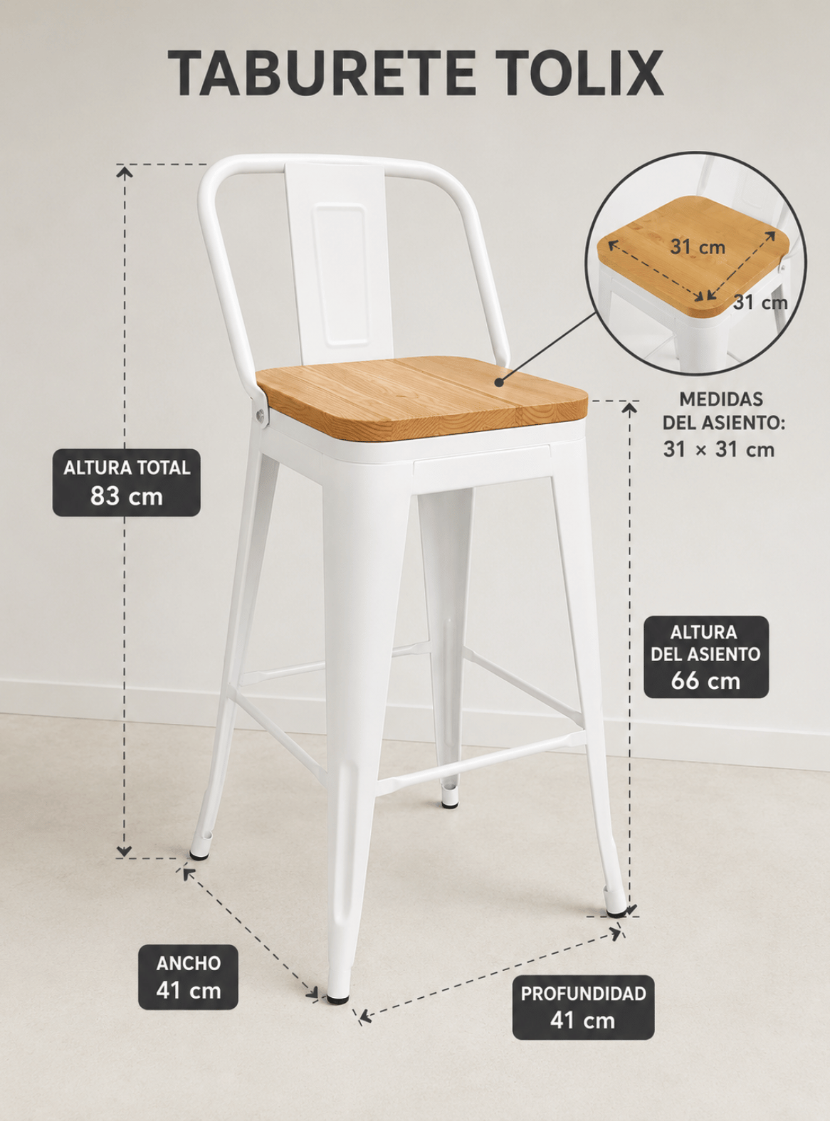 Pack 4 Piso Bar Taburete metalico Tolix 66cm con Respaldo y Asiento de Madera-5