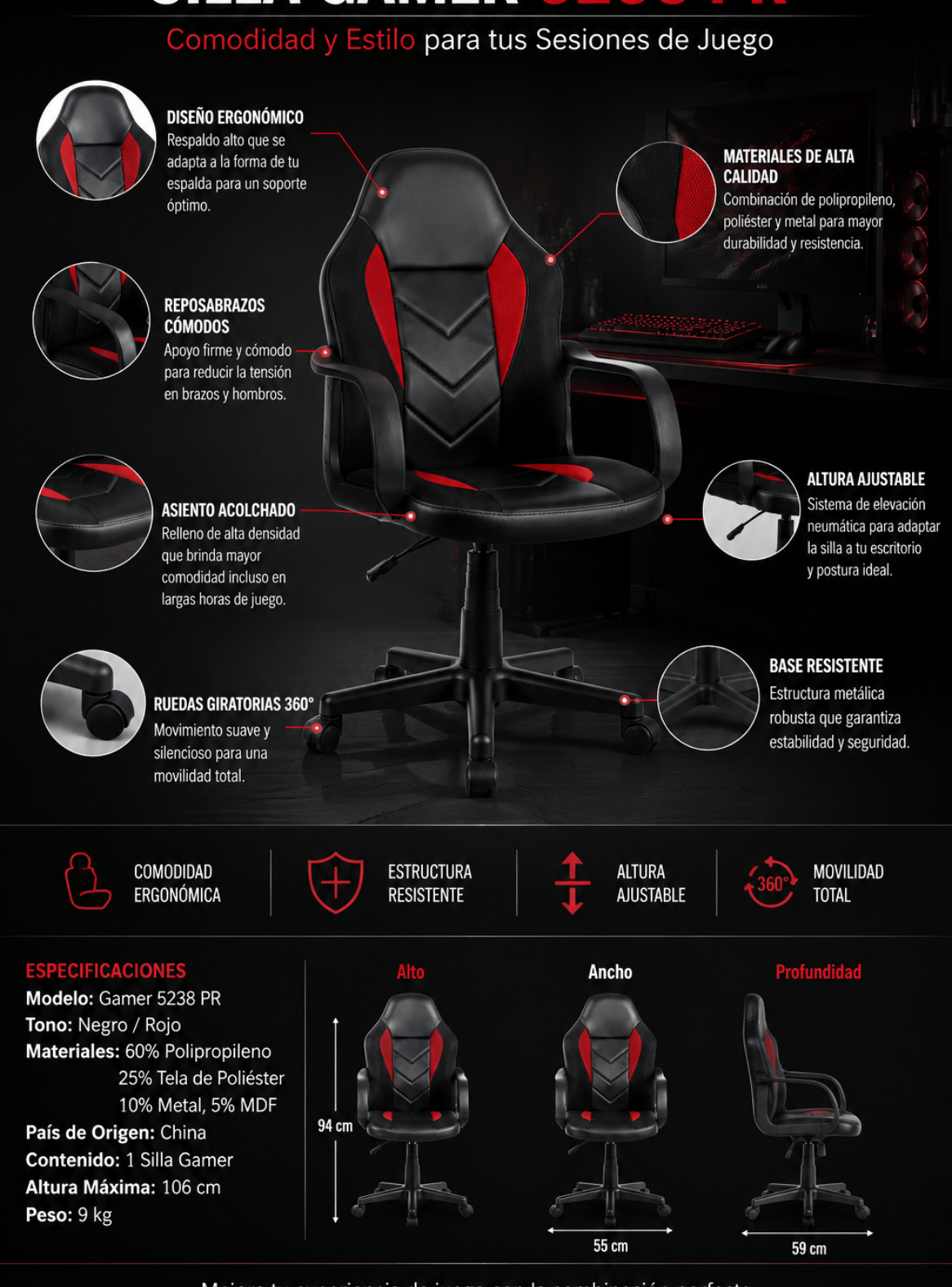 Silla Gamer Ergonómica Ajustable con Ruedas Negro Rojo 5238 PR-2
