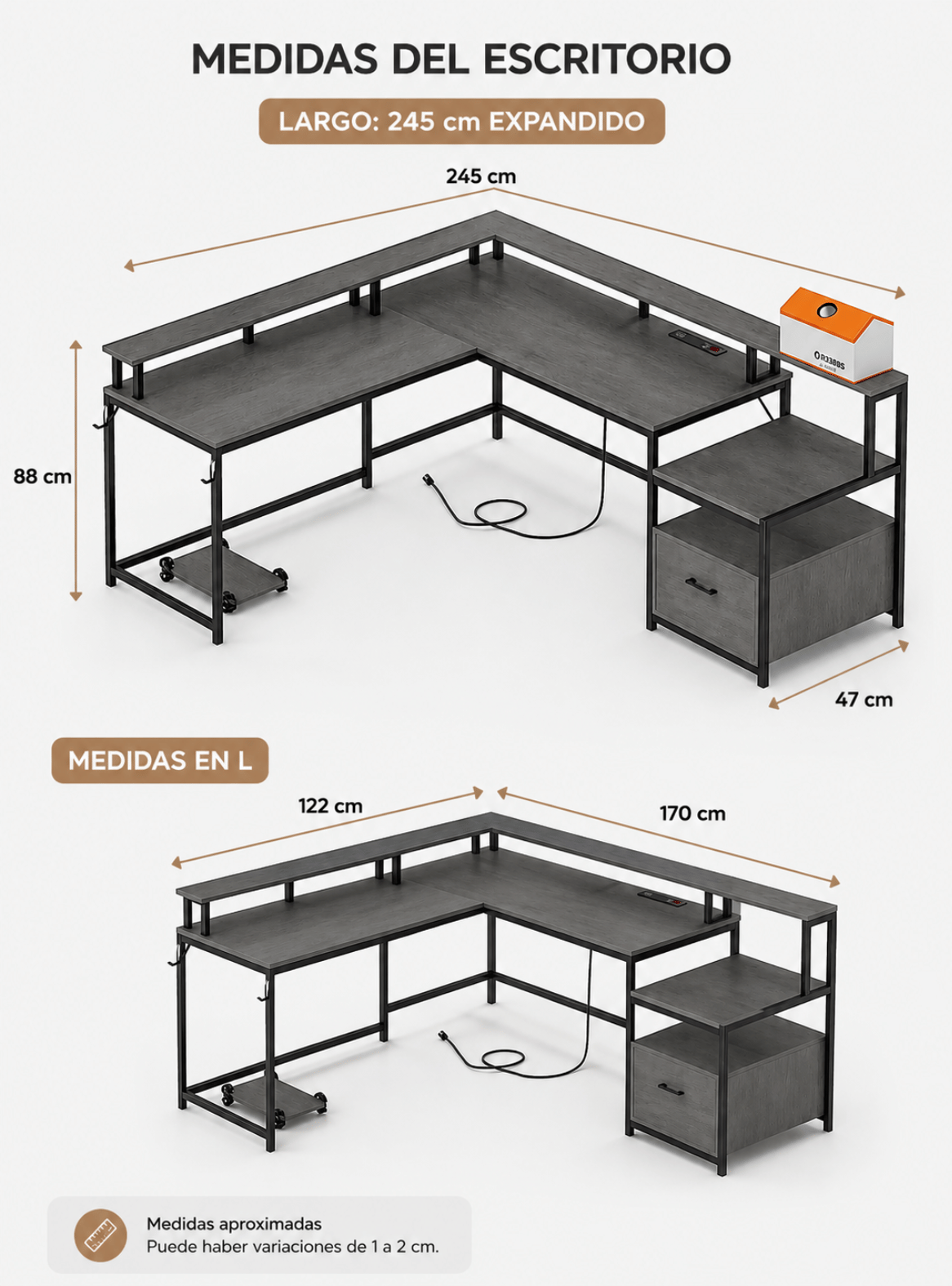 Escritorio Expandible modular en L - Gris Negro - Nova X -2