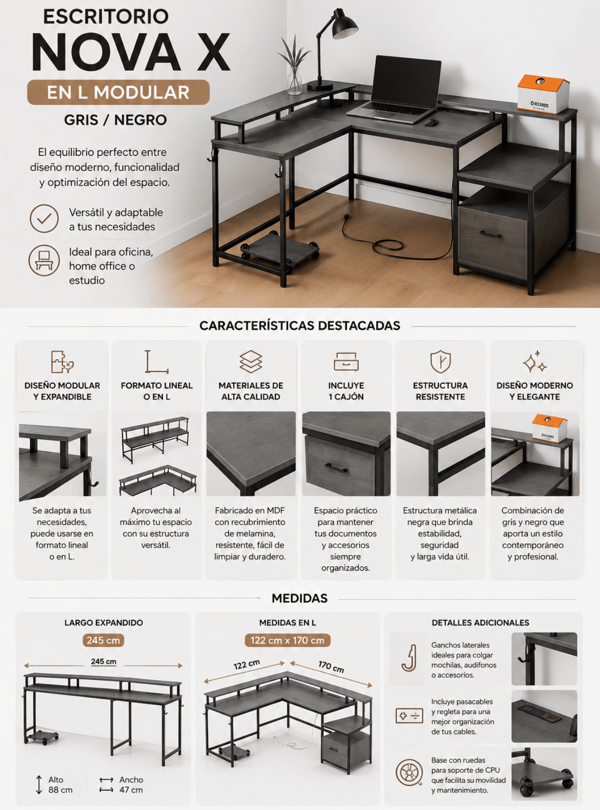 Escritorio Expandible modular en L - Gris Negro - Nova X -3