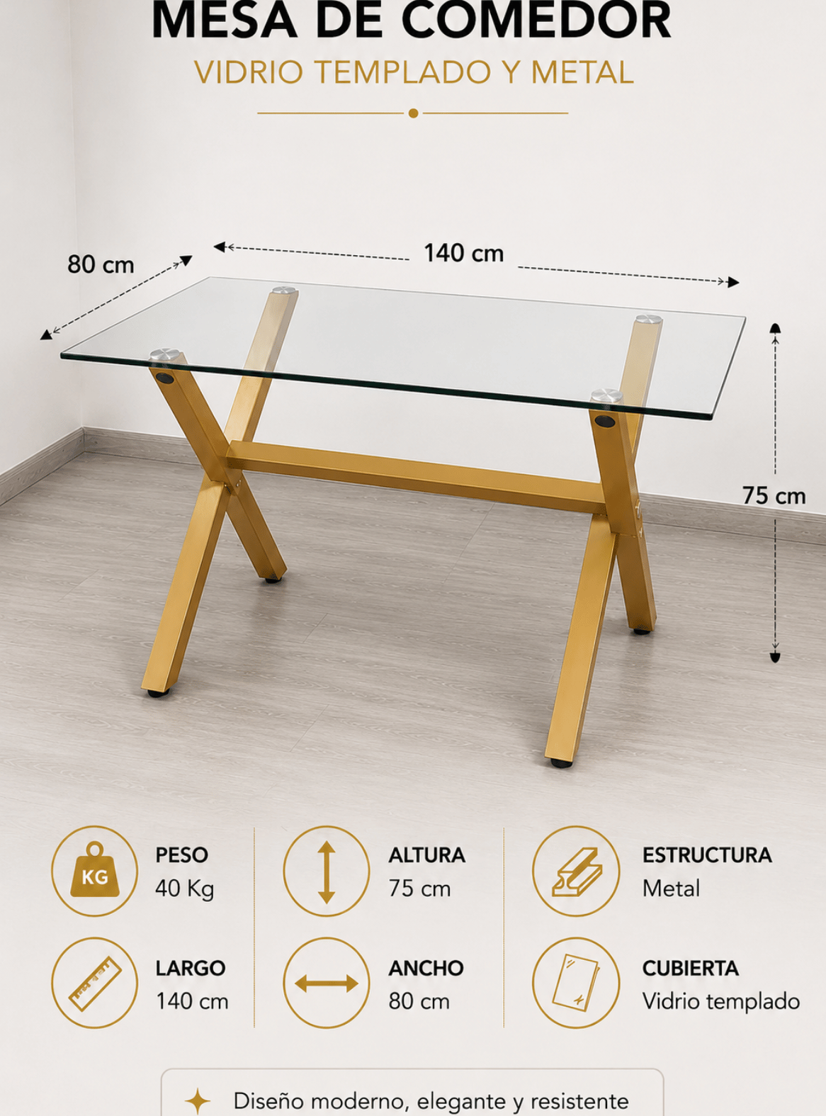 Mesa de Comedor Rectangular de Vidrio y Patas de Metal 140cm - Bursa Cross-2
