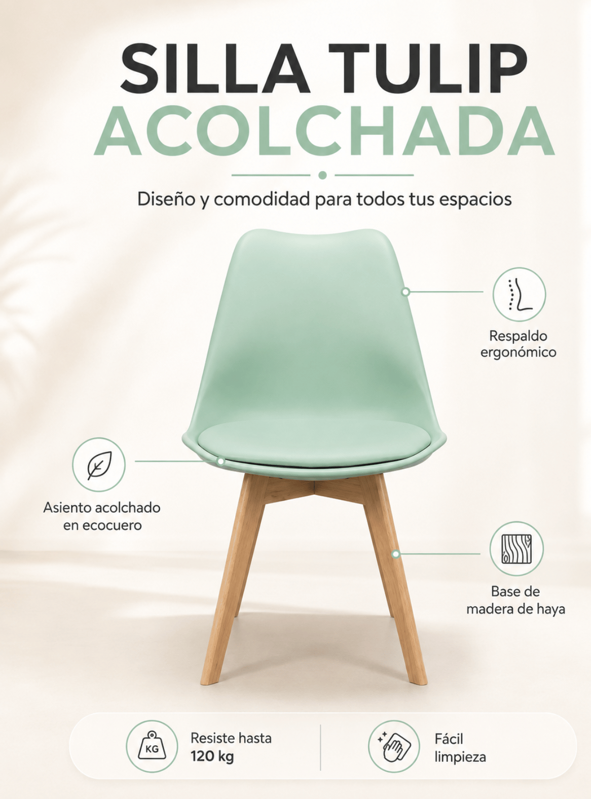 Pack 4 Sillas de Comedor Tulip Acolchadas con Patas de Madera-5