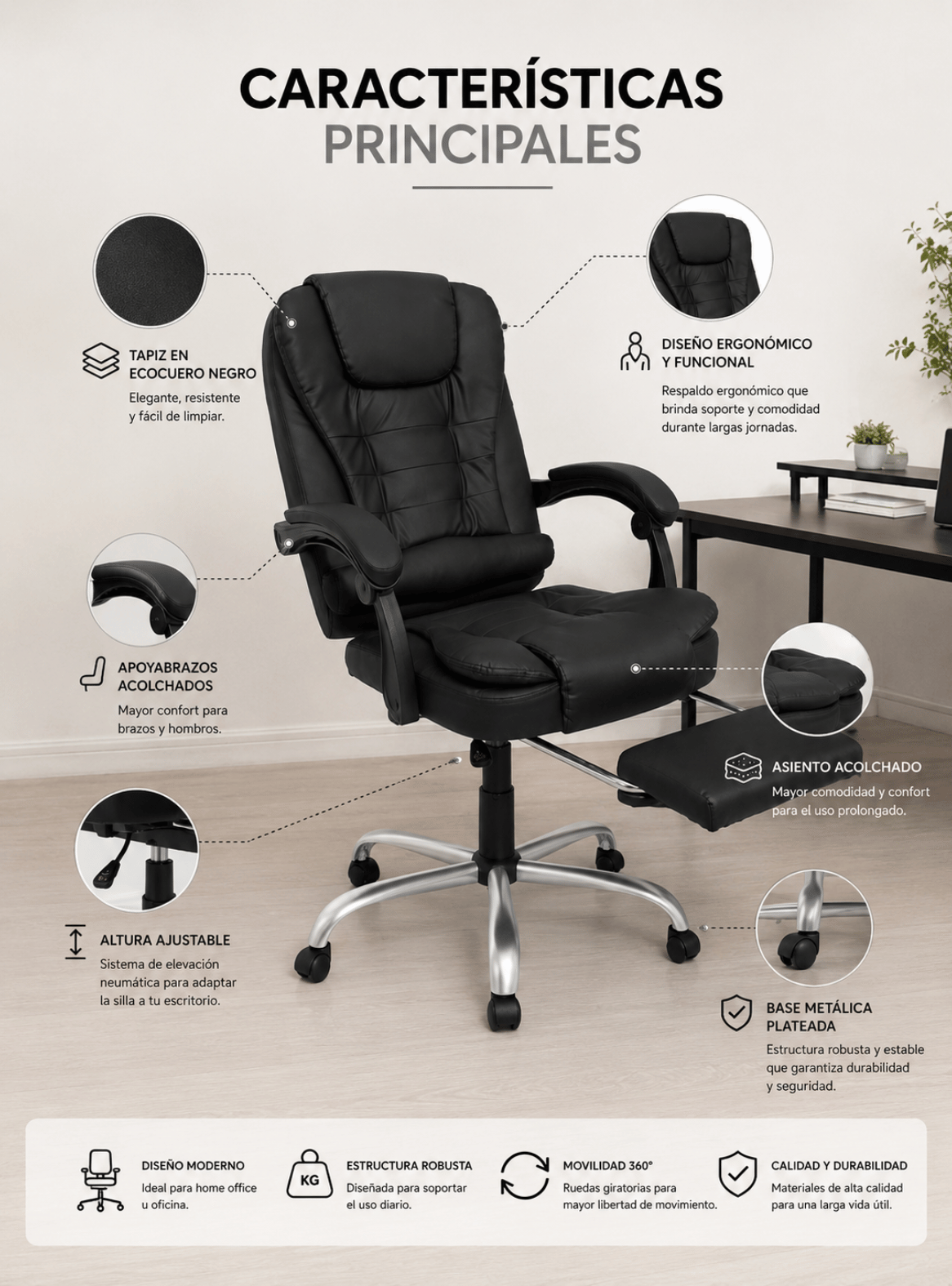 Silla de Escritorio Ergonomica Rex Ecocuero Negro Reclinable con Apoyapies-6