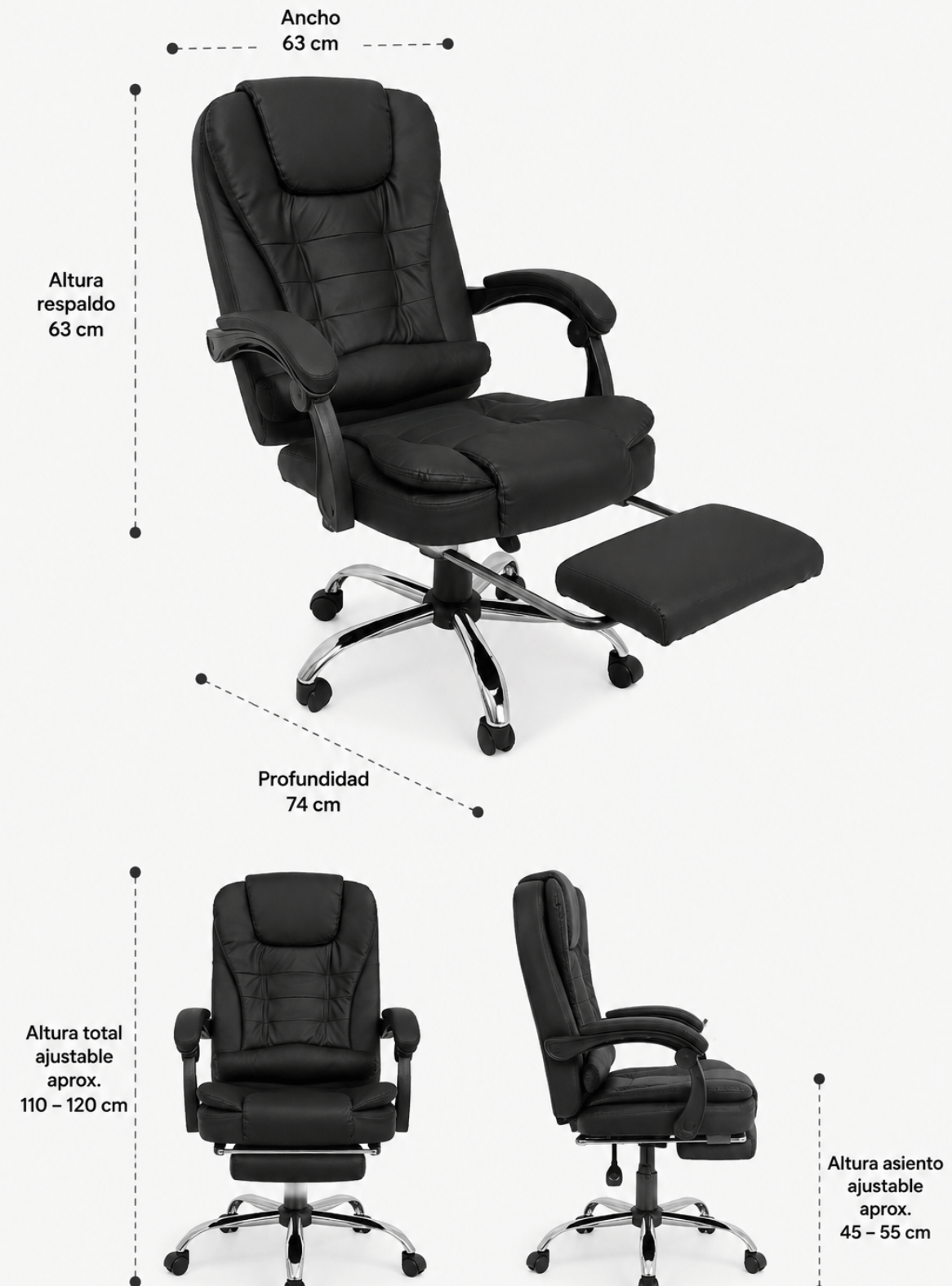 Silla de Escritorio Ergonomica Rex Ecocuero Negro Reclinable con Apoyapies-7