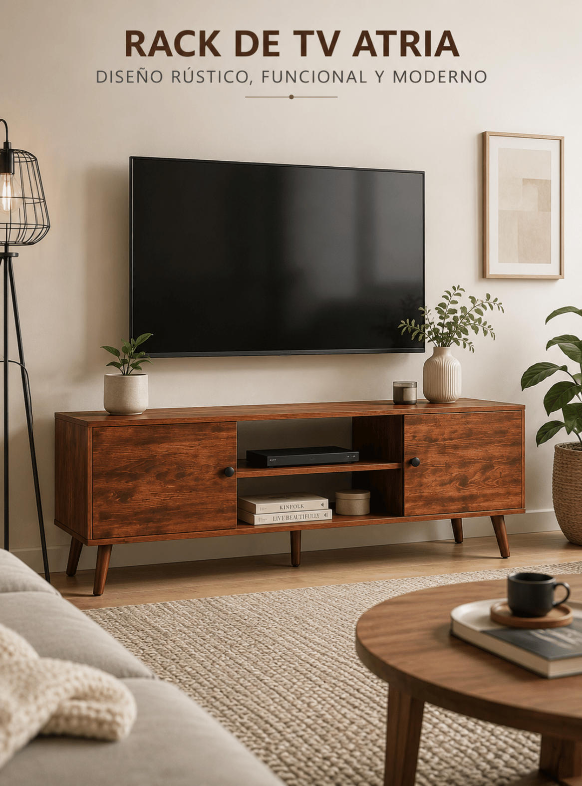 Rack para TV de 43" hasta 65" de madera rústico con puertas Atria -2
