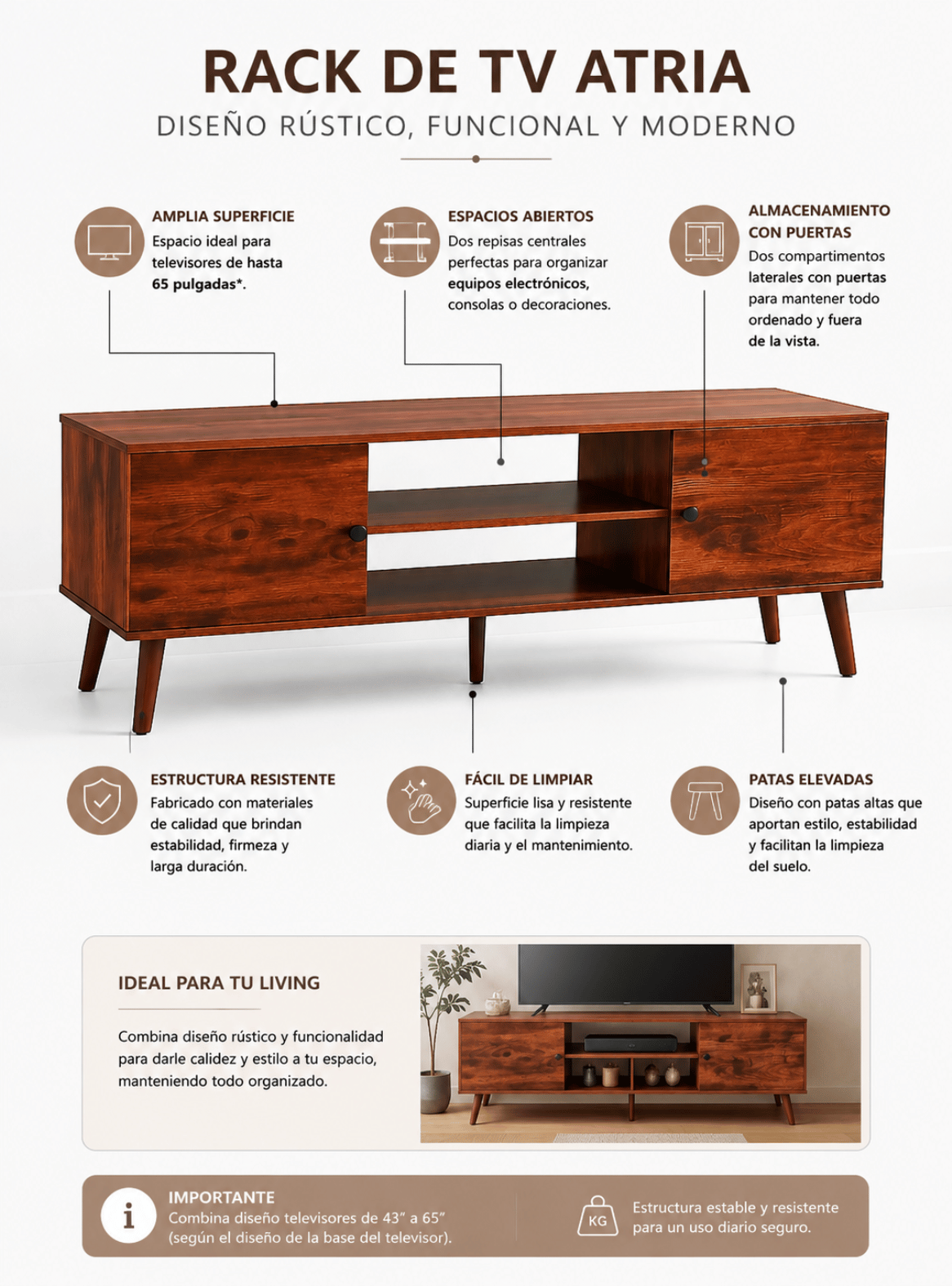 Rack para TV de 43" hasta 65" de madera rústico con puertas Atria -4