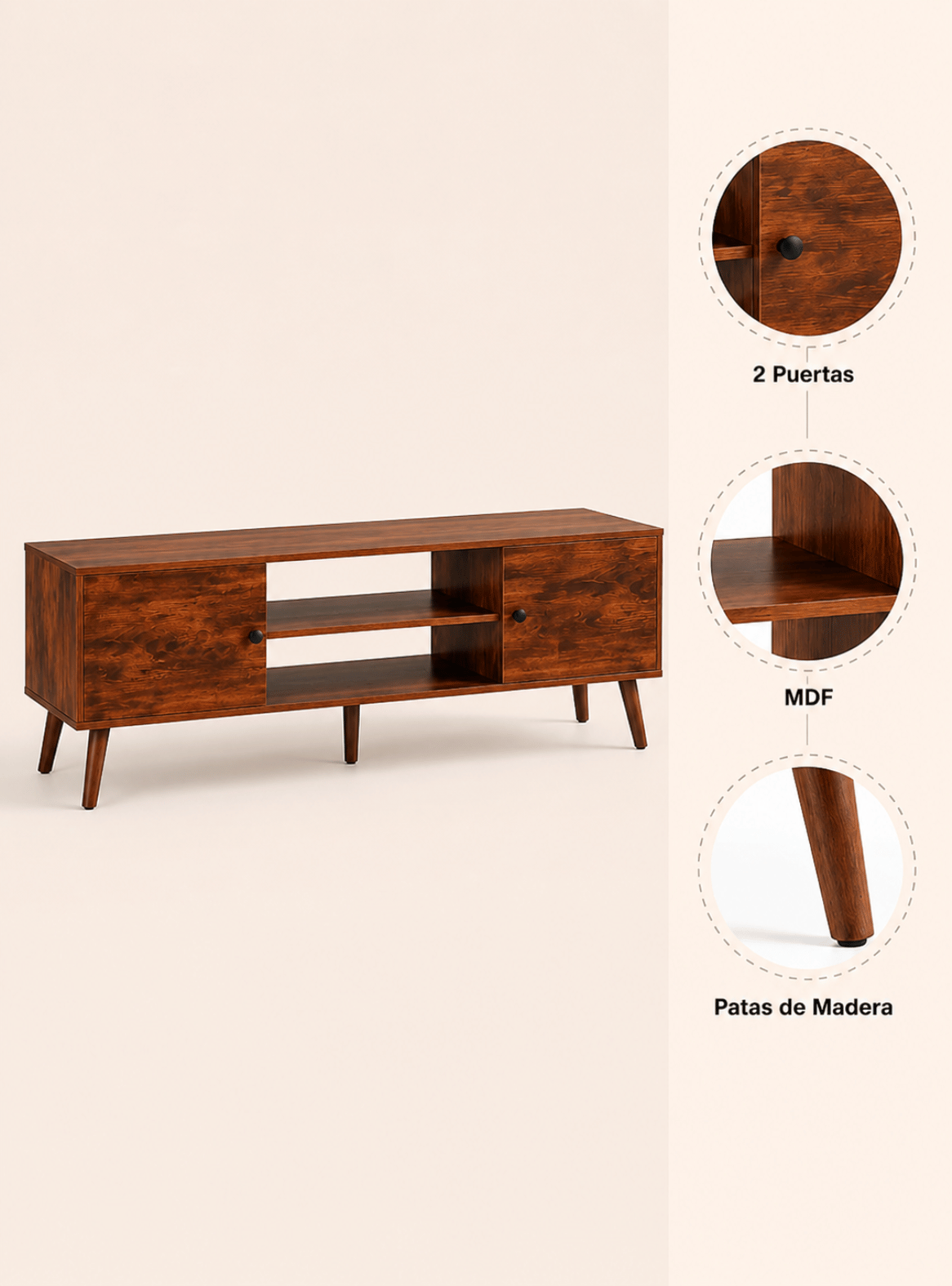 Rack para TV de 43" hasta 65" de madera rústico con puertas Atria -6