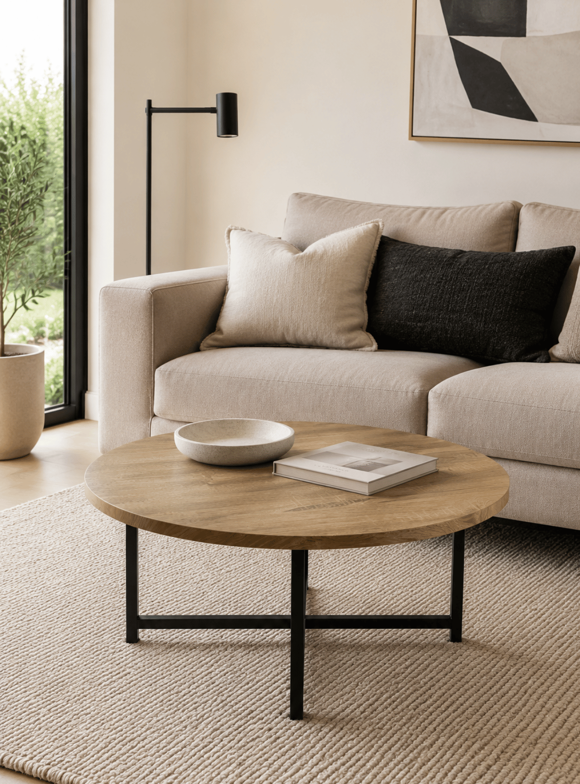 Mesa de Centro Nordica Redonda 80cm Madera clara y patas metalicas Negras Roma-1