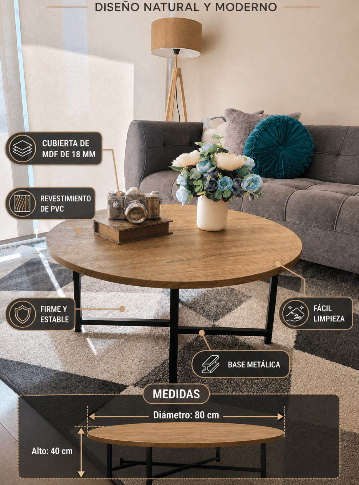 Mesa de Centro Nordica Redonda 80cm Madera clara y patas metalicas Negras Roma-5