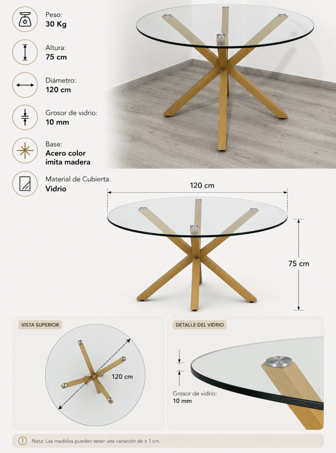 Mesa de Comedor Redonda de Vidrio y Patas de Metal 120cm - Cross-3