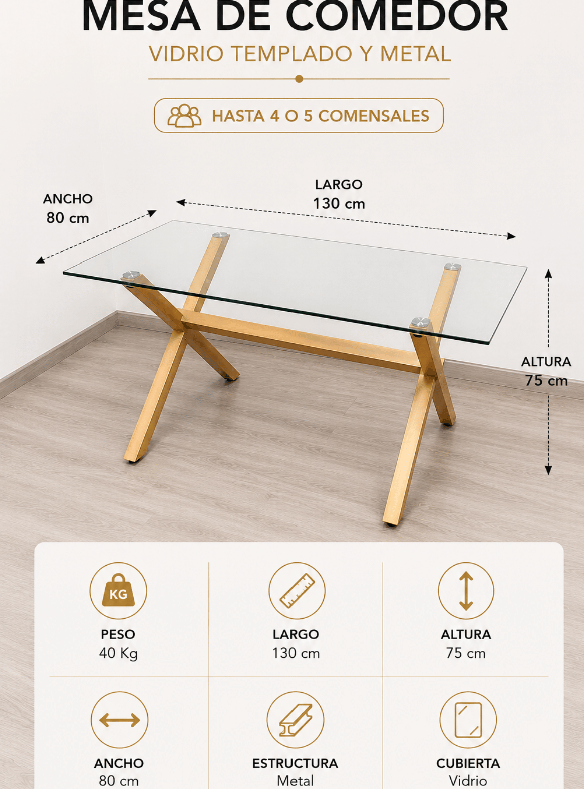Mesa de Comedor Rectangular de Vidrio y Patas de Metal 130cm Bursa Cross-6