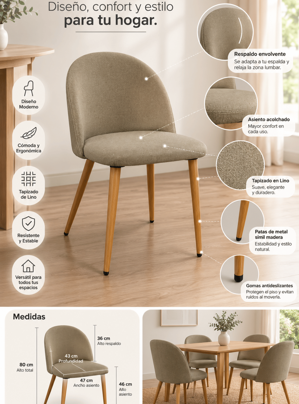 Silla de Comedor Nordica Gabrielle Tapizada en Lino con Patas Metal Símil Madera-6
