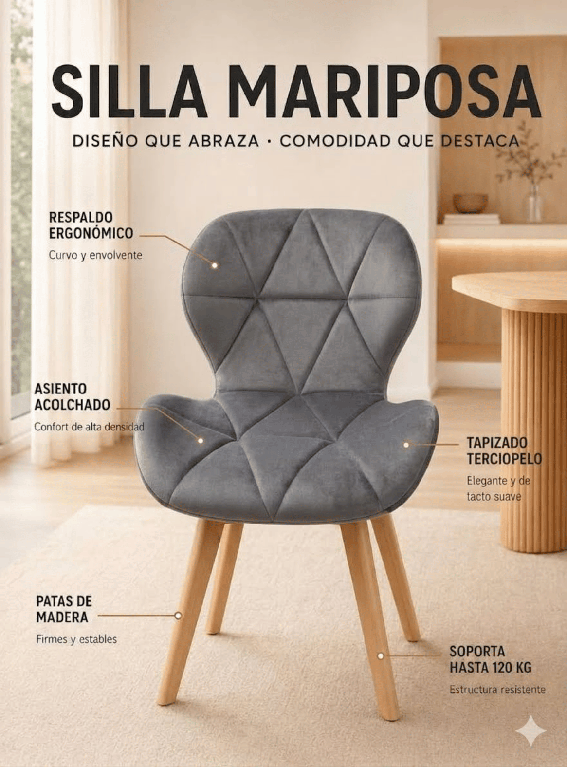 Pack 6 Sillas de Comedor Mariposa Tapizada en Felpa Terciopelo Nordico con patas de madera-6