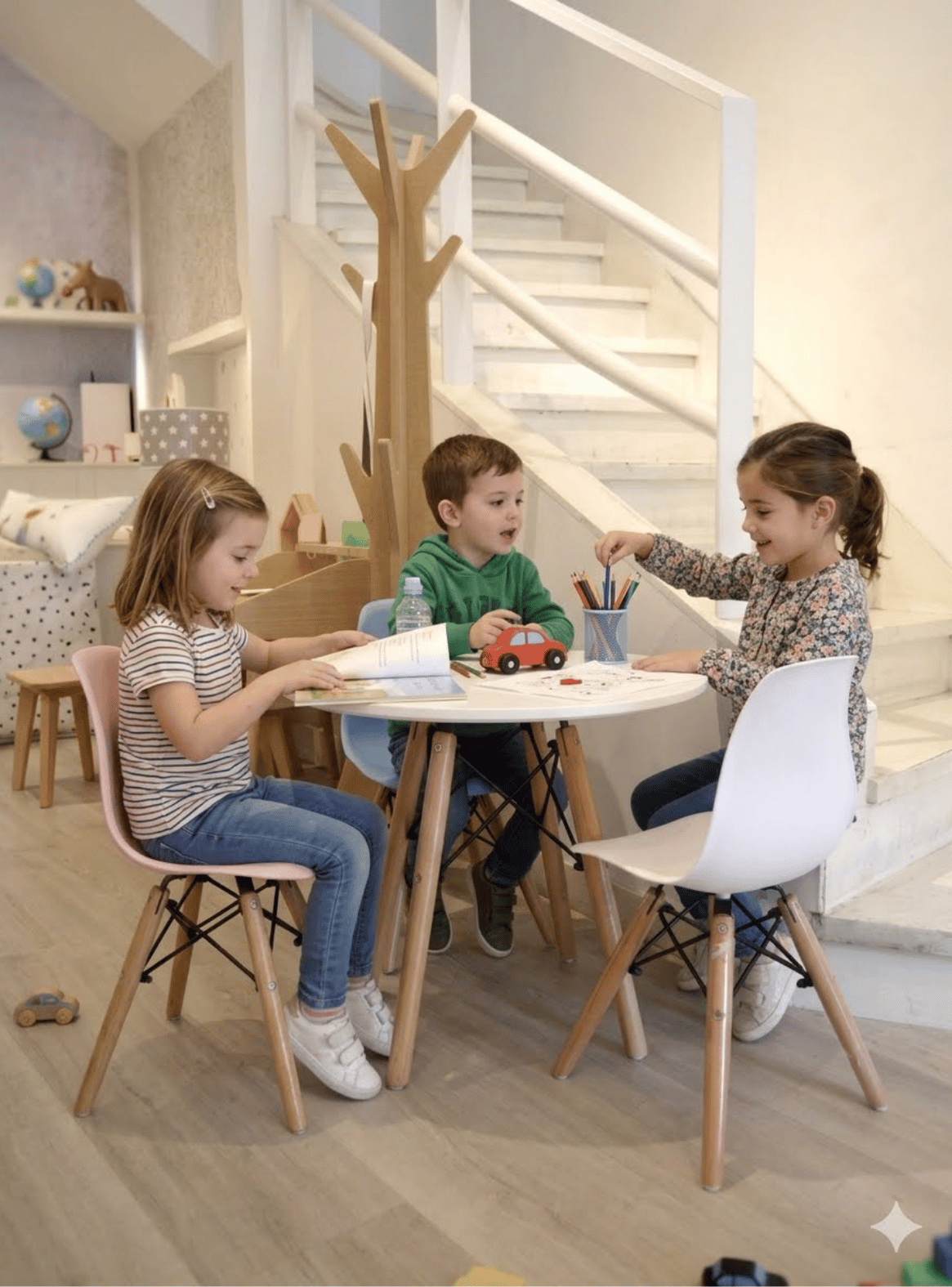 Mesa Para Niños Redonda Pequeña Blanca con Patas de Madera Estilo Eames-1