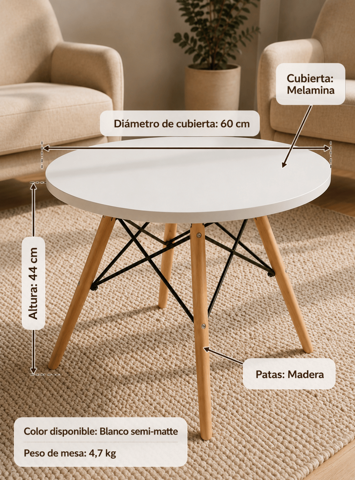 Mesa Para Niños Redonda Pequeña Blanca con Patas de Madera Estilo Eames-2