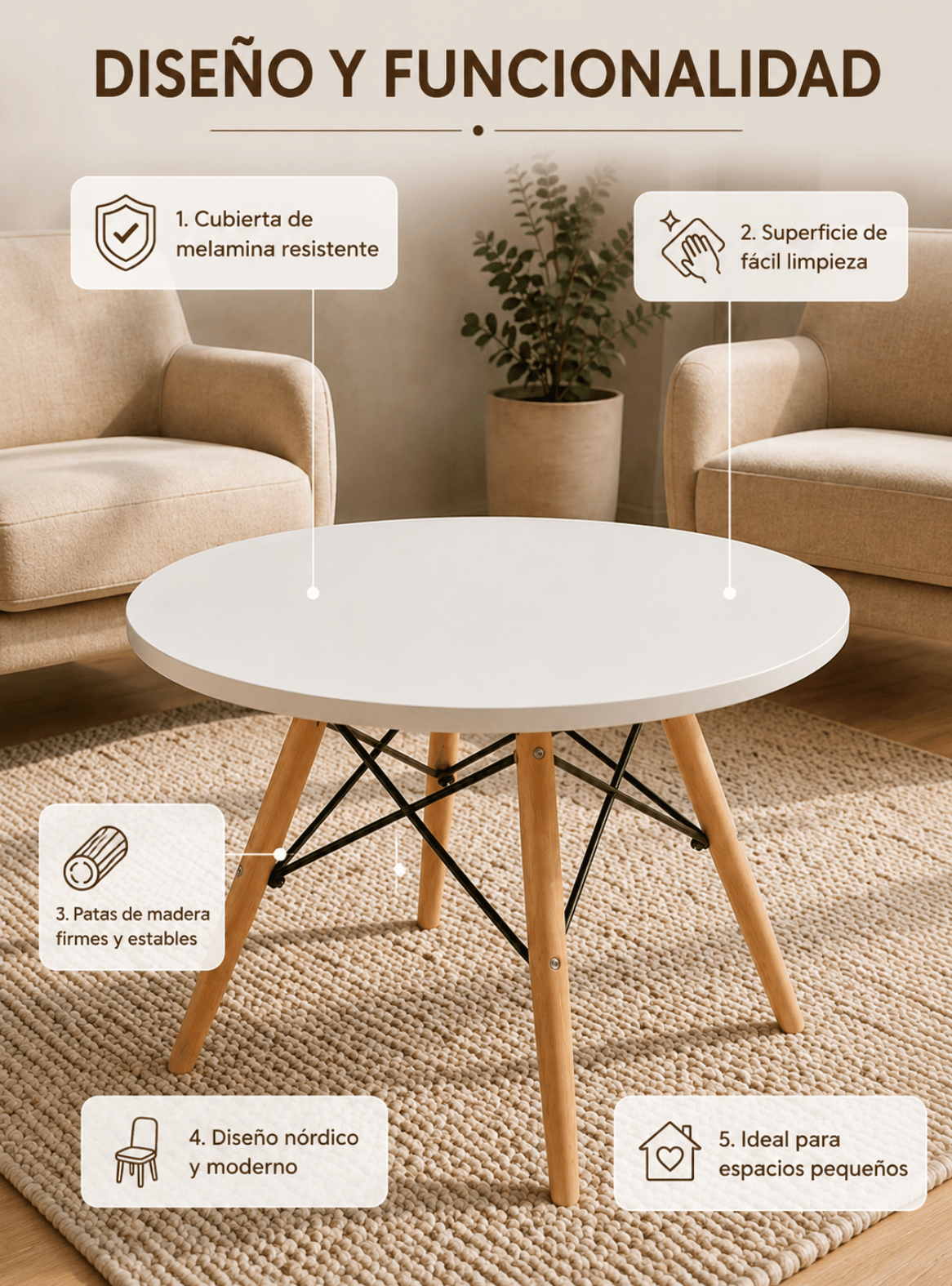 Mesa Para Niños Redonda Pequeña Blanca con Patas de Madera Estilo Eames-7