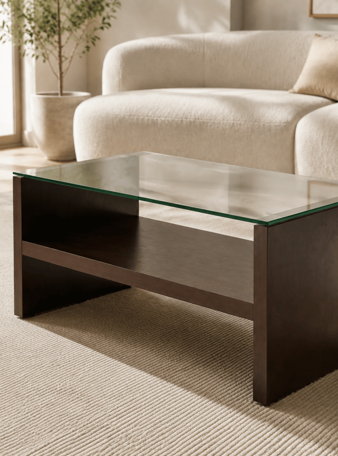 Mesa de Centro Moderna Walnut MDF con Vidrio Templado y Repisa 120x60x40 cm Café-5