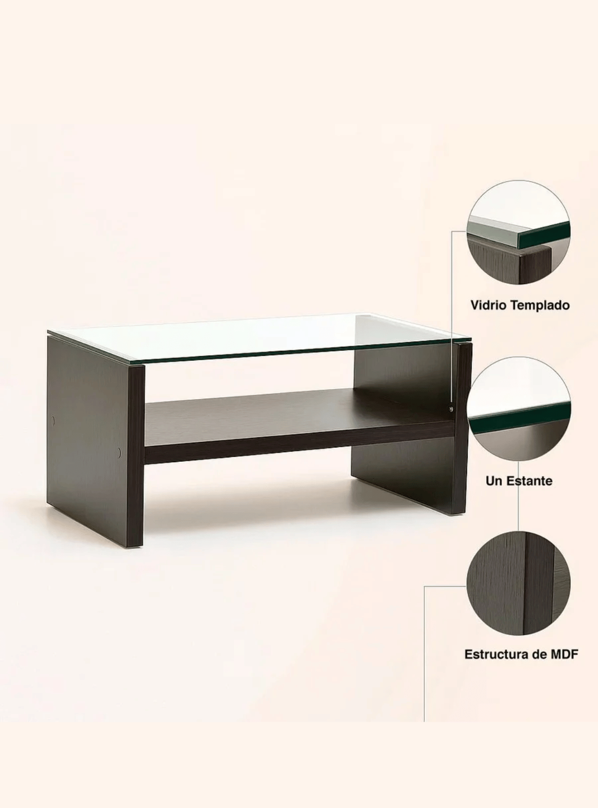 Mesa de Centro Moderna Walnut MDF con Vidrio Templado y Repisa 120x60x40 cm Café-6
