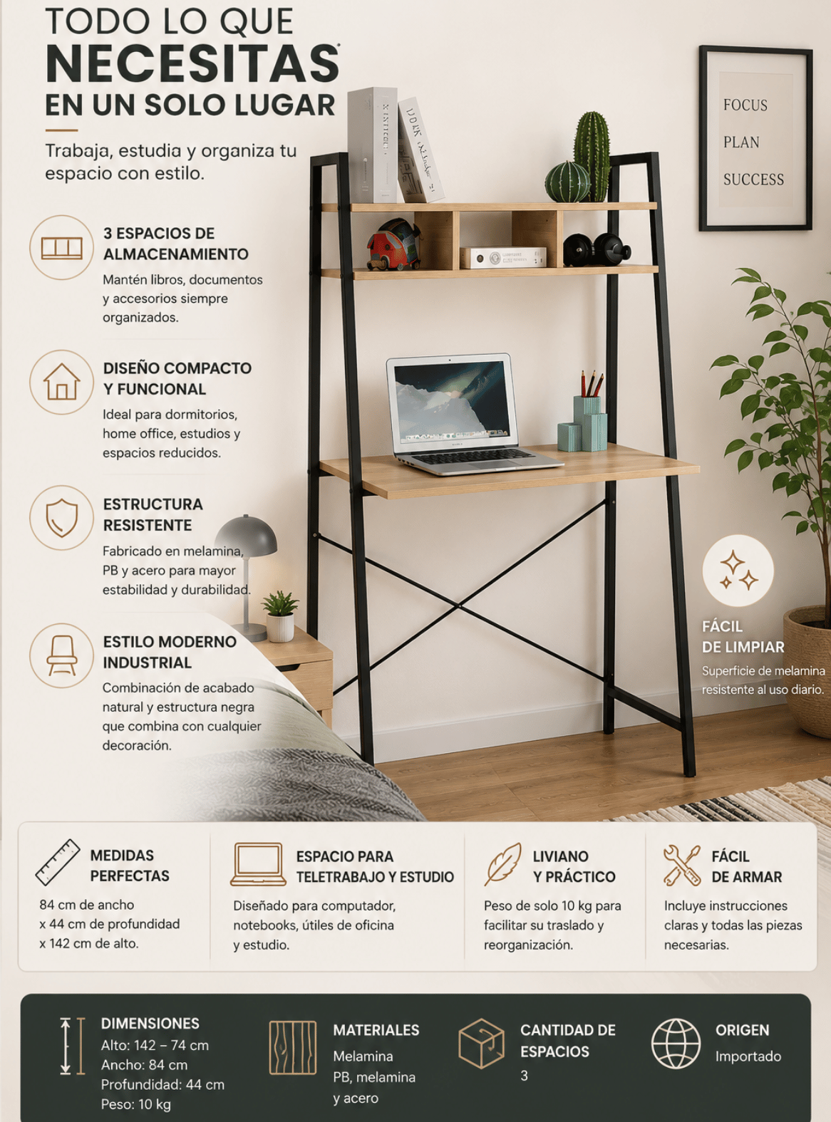 Escritorio Multifuncional Home Office con Estantería y 3 Repisas Lía-2