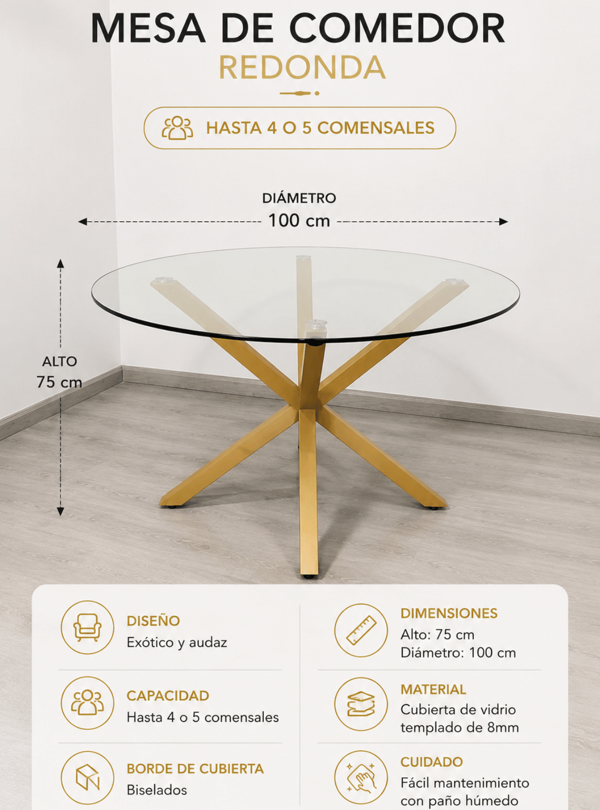 Mesa de Comedor Redonda de Vidrio y Patas de Metal 100cm Cross-7