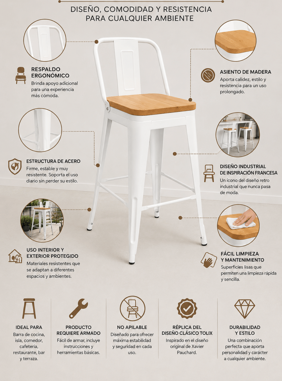 Piso Bar Taburete metalico Tolix 66cm con Respaldo y Asiento de Madera-2