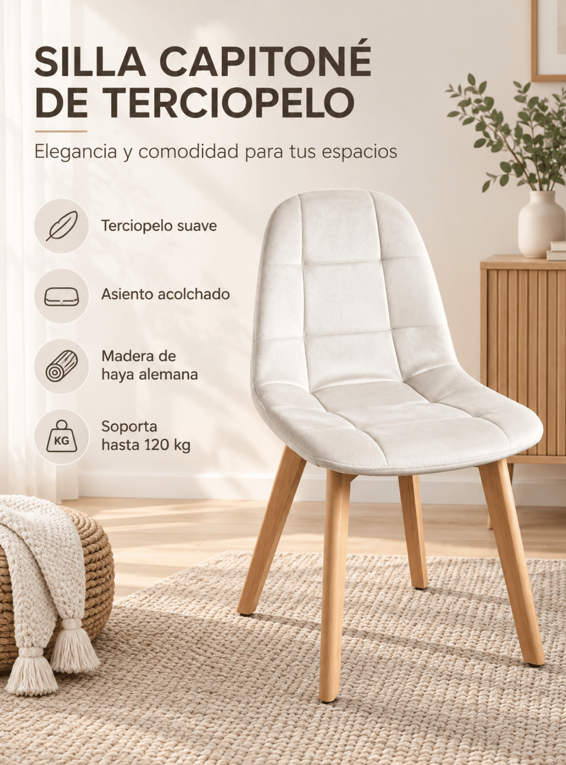 Silla de Comedor Capitone Terciopelo Felpa Acolchada con Patas de Madera Estilo Nordico-5