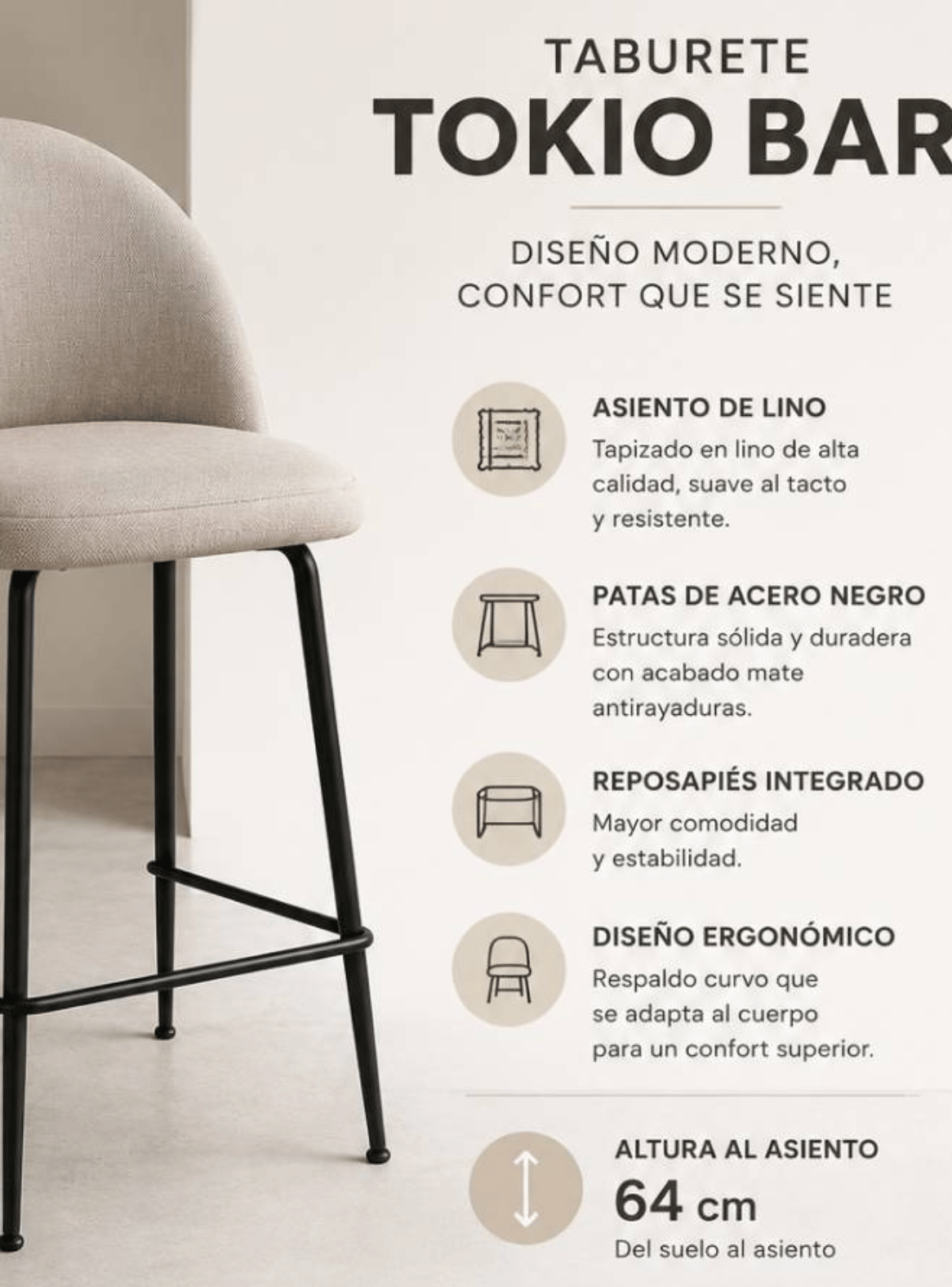 Pack 2 Taburetes Silla Bar Tapizado en Lino con Respaldo para Isla de Cocina 64 cm Tokio-3