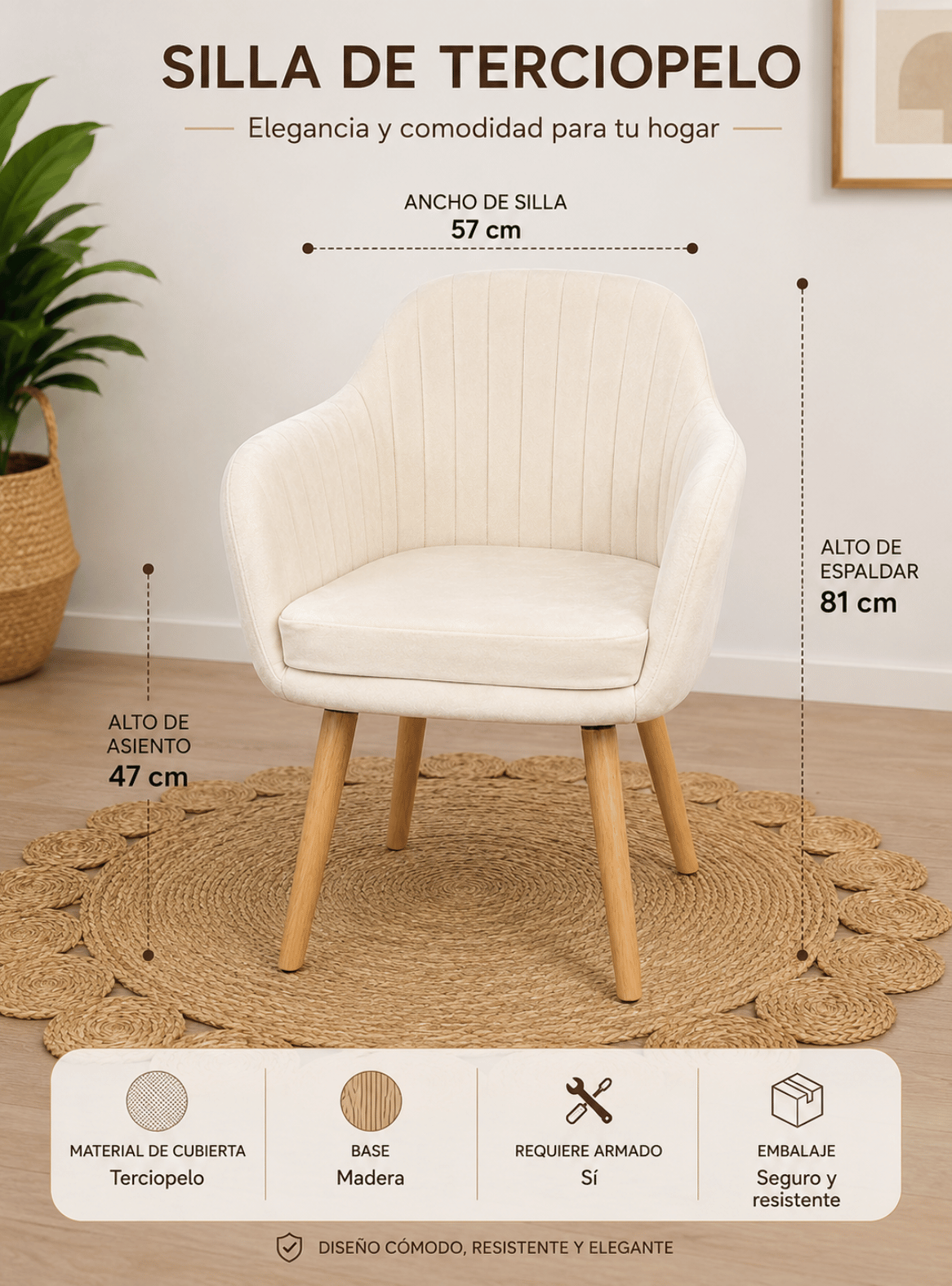  Sitial Poltrona de Terciopelo con Pata de Madera para Living Comedor Diamond-3