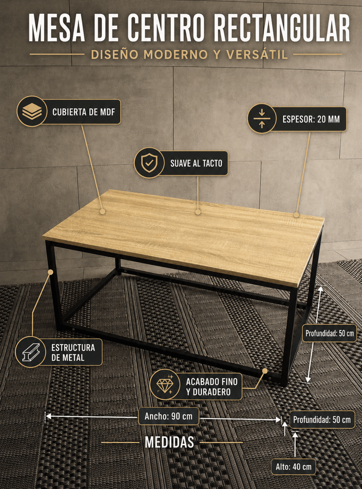 Mesa de Centro de madera Rectagular con patas metalicas negras Texas industrial-7