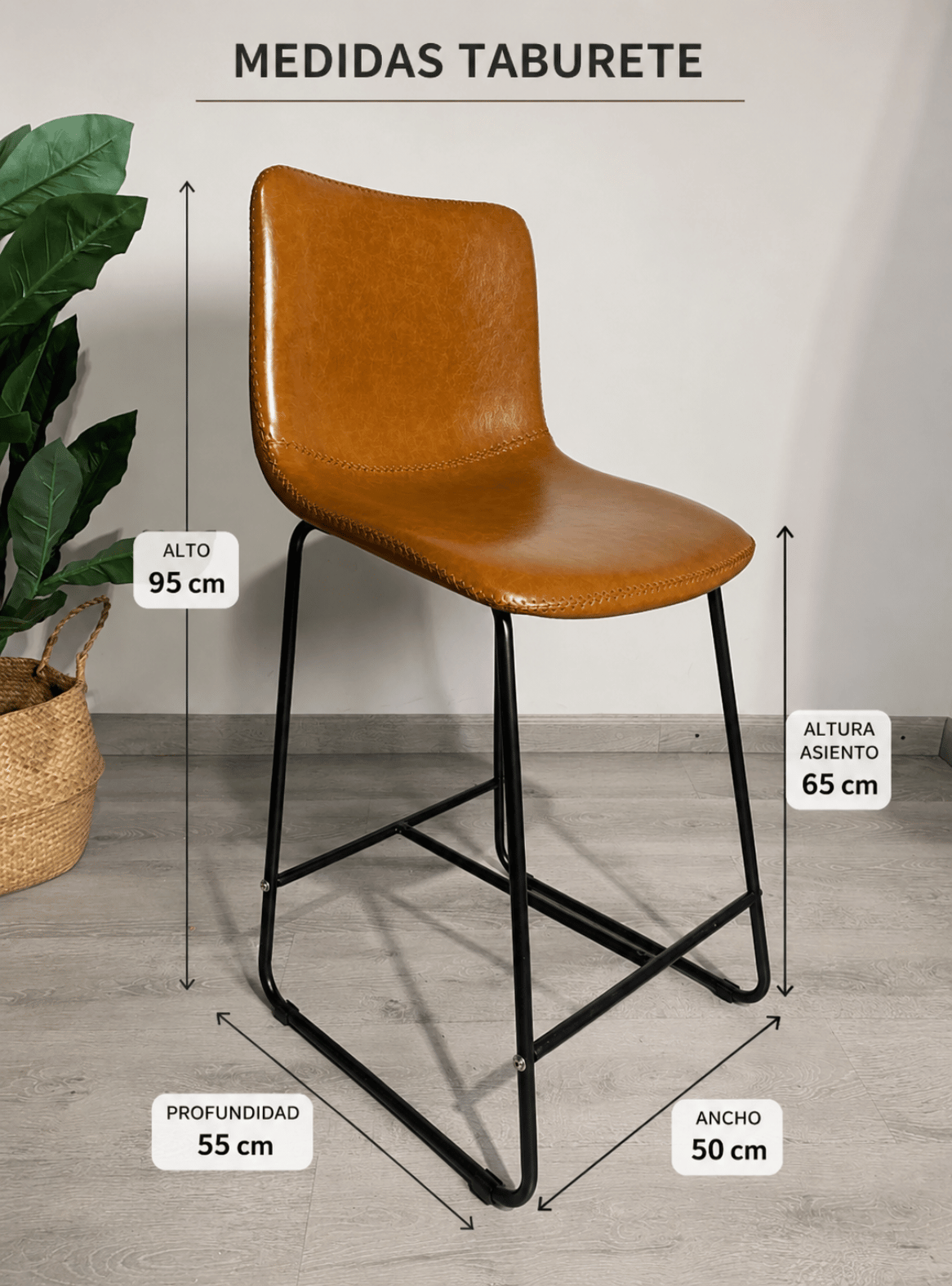 Taburete de Bar Industrial Cuero y Metal 65 cm Burgos-2