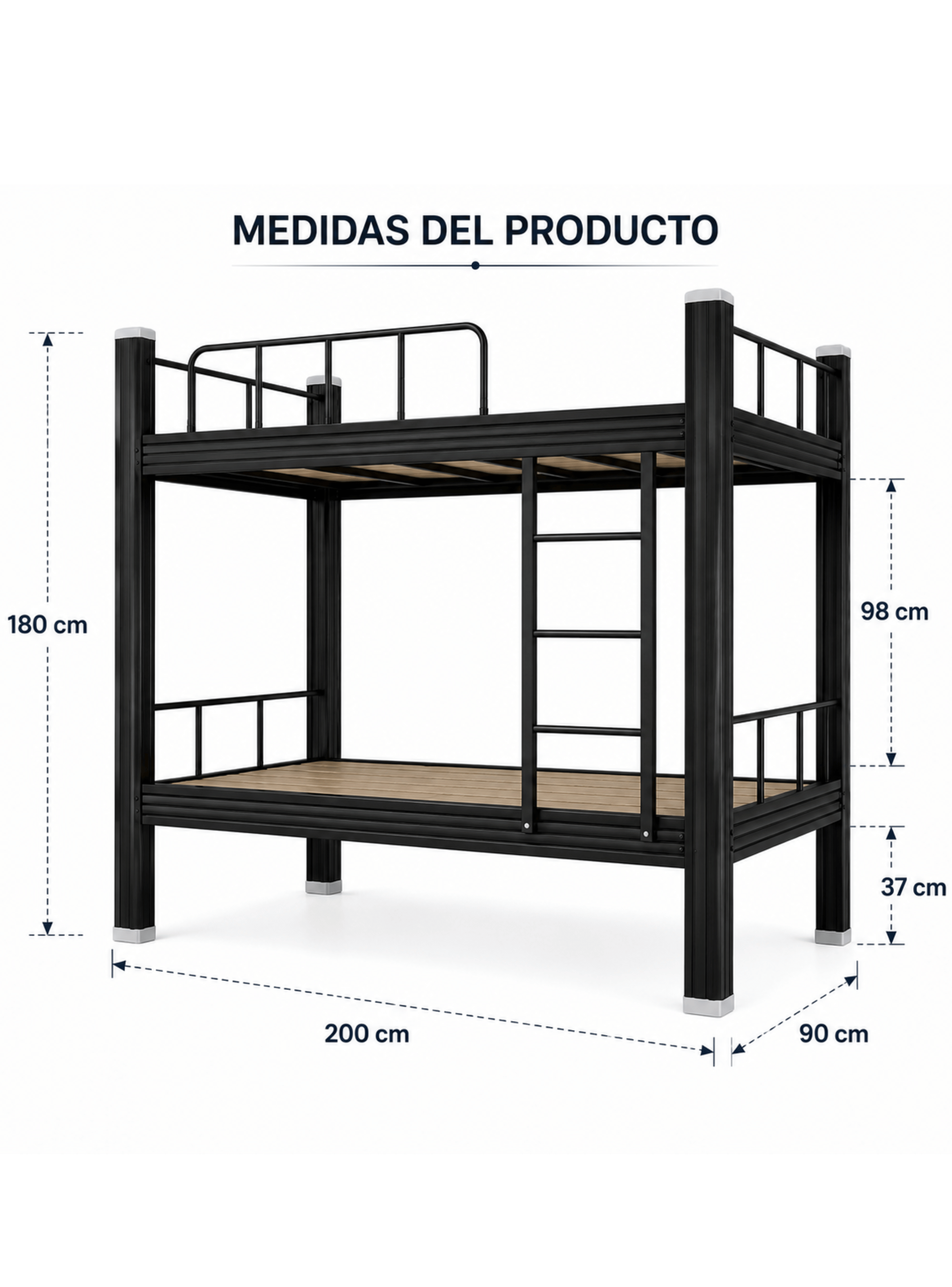 Camarote 1 Plaza de Acero 90x200 cm con Escalera y Barandas de Seguridad Soporta 320 kg por Cama-3