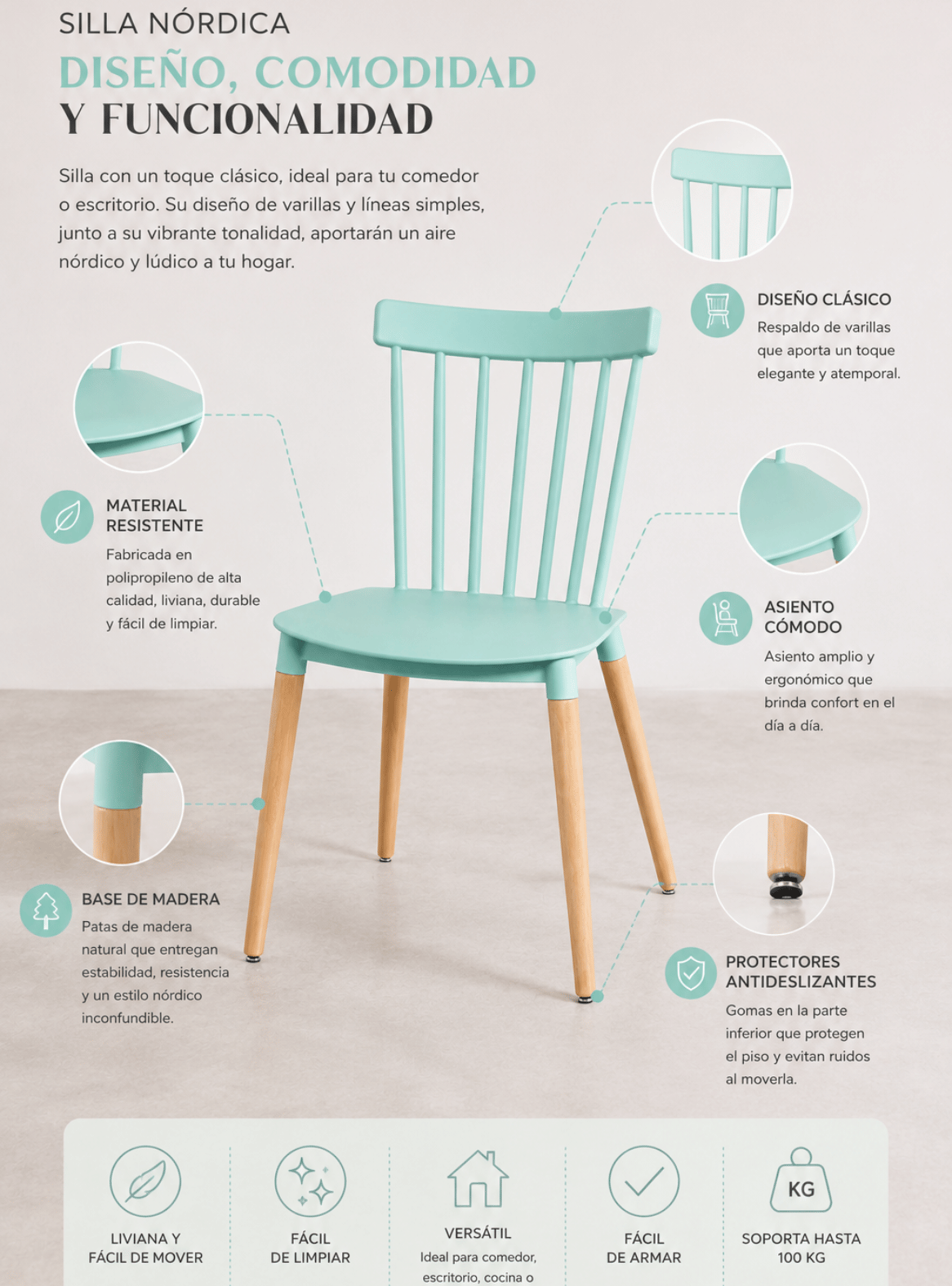 Pack 4 Sillas de Comedor Windsor Nórdica de Polipropileno con Patas de Madera-4