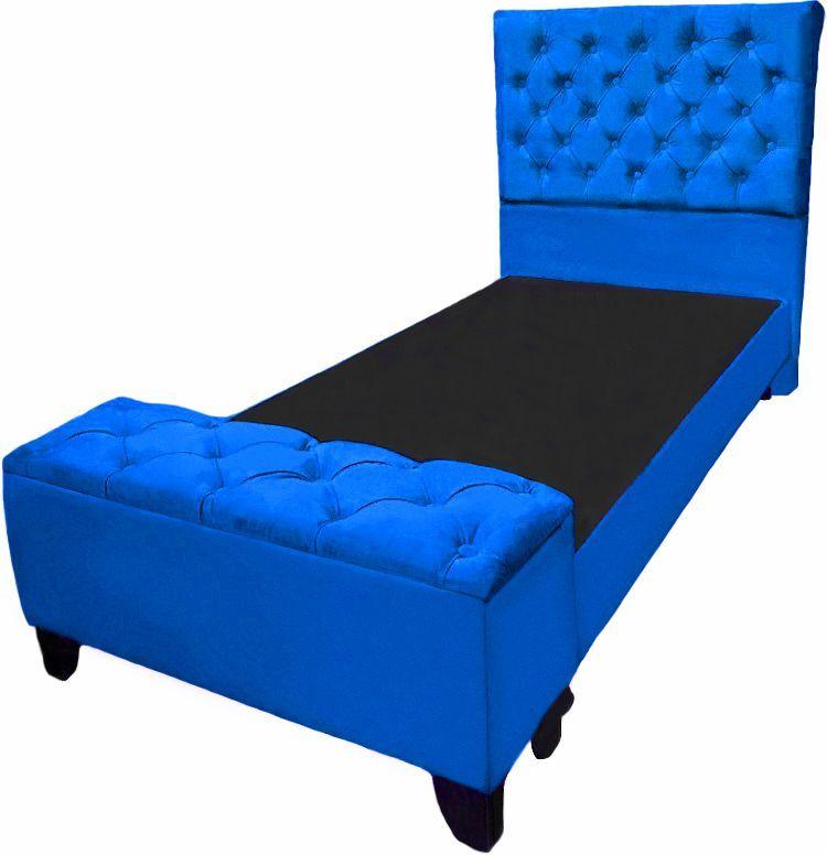 Cama 1 plaza y 1/2 felpa azúl con Baúl-0