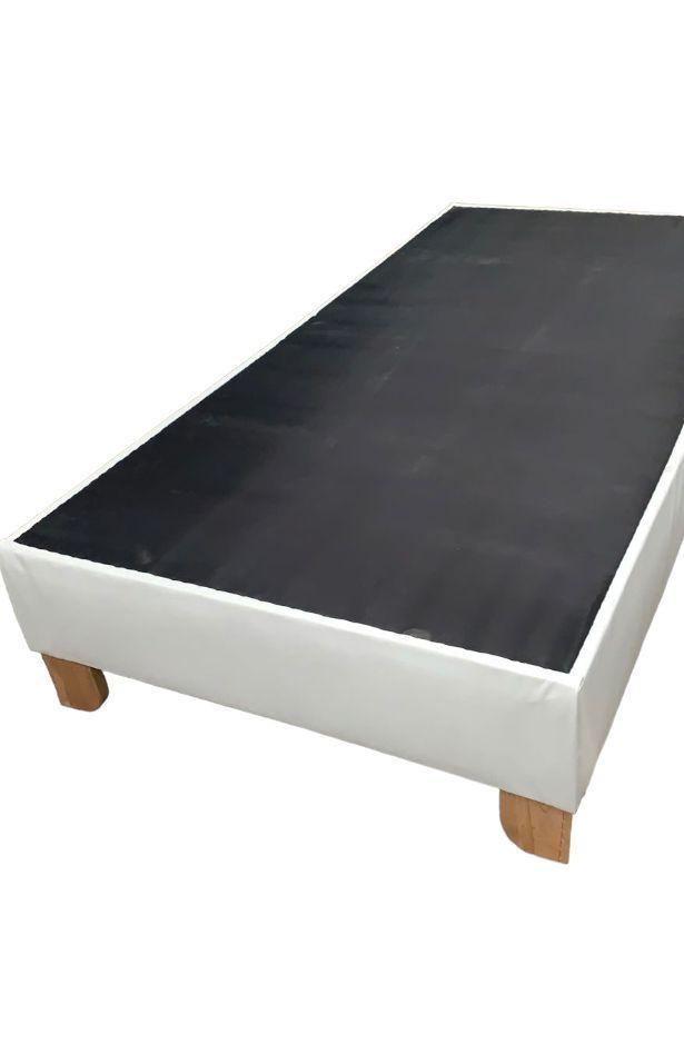 Cama 1 plaza Europea Felpa Blanca + Baúl + Respaldo Capitoné + patas de Madera-4