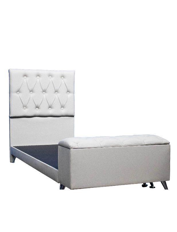 Cama 1 plaza Europea Felpa Blanca + Baúl + Respaldo Capitoné + patas de Madera-2
