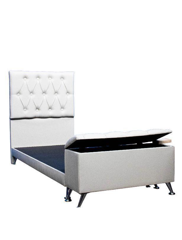 Cama 1 plaza Europea Felpa Blanca + Baúl + Respaldo Capitoné + patas de Madera-0