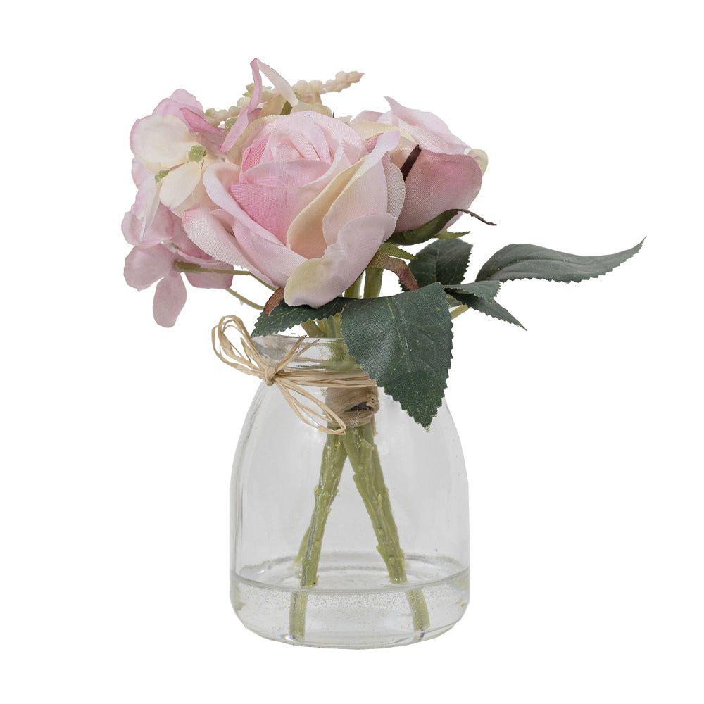HORTENSIA Y ROSA ROSADA EN FLORERO DE VIDRIO 16 CM-1