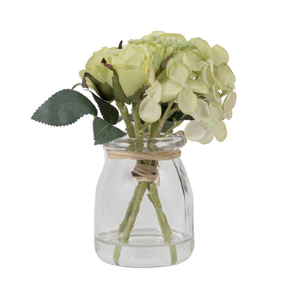 HORTENSIA Y ROSA VERDE EN FLORERO DE VIDRIO 16 CM-0